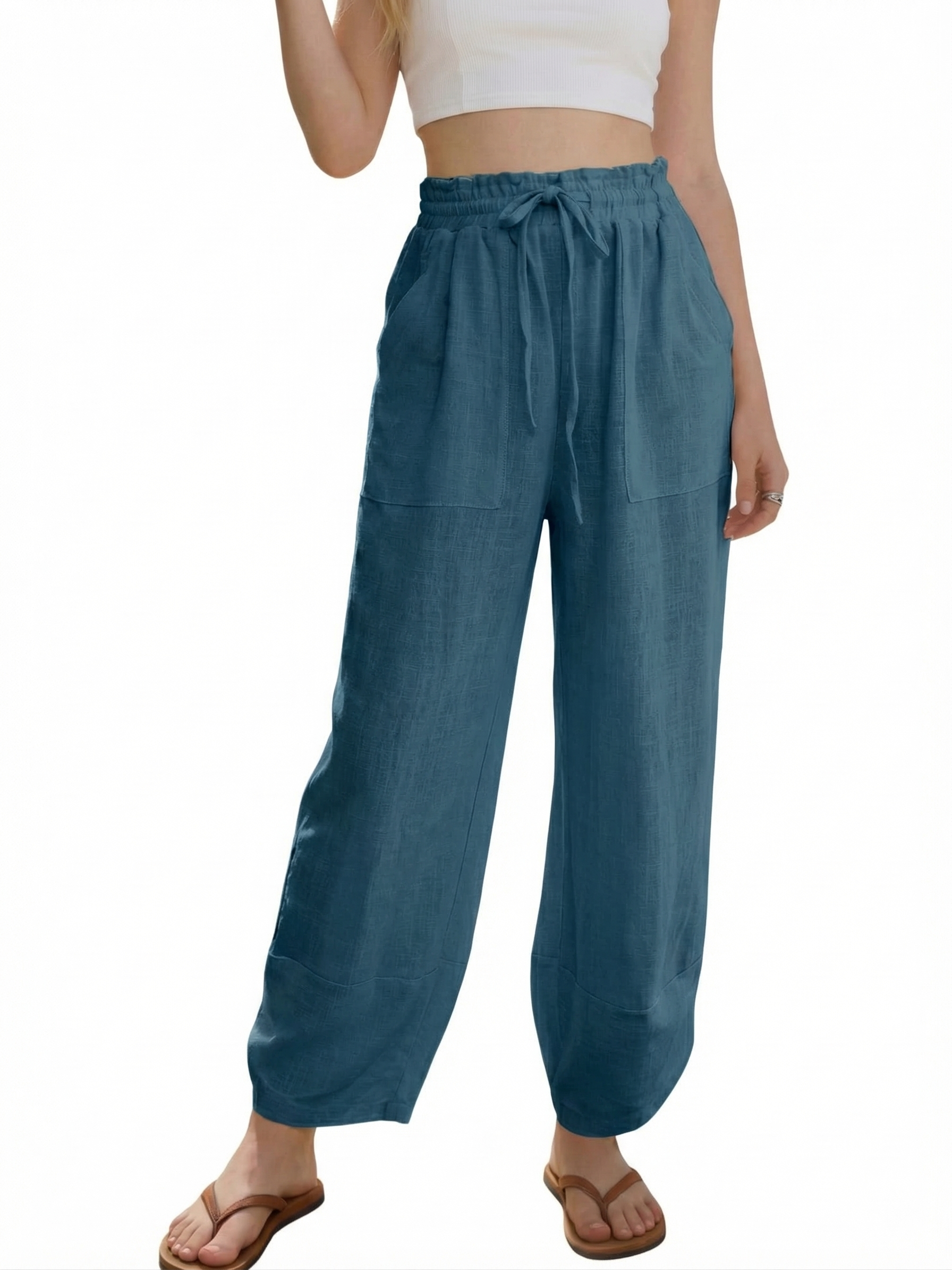 🔥Women's Linen Loose Casual Capri Pants Elastic Waistband with Pockets