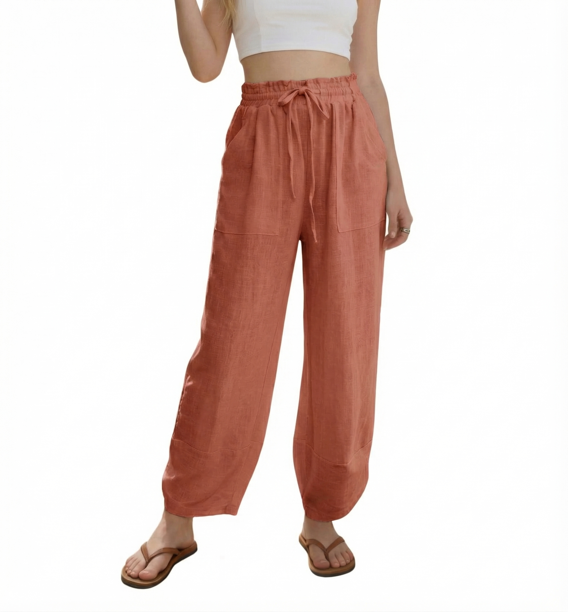 🔥Women's Linen Loose Casual Capri Pants Elastic Waistband with Pockets