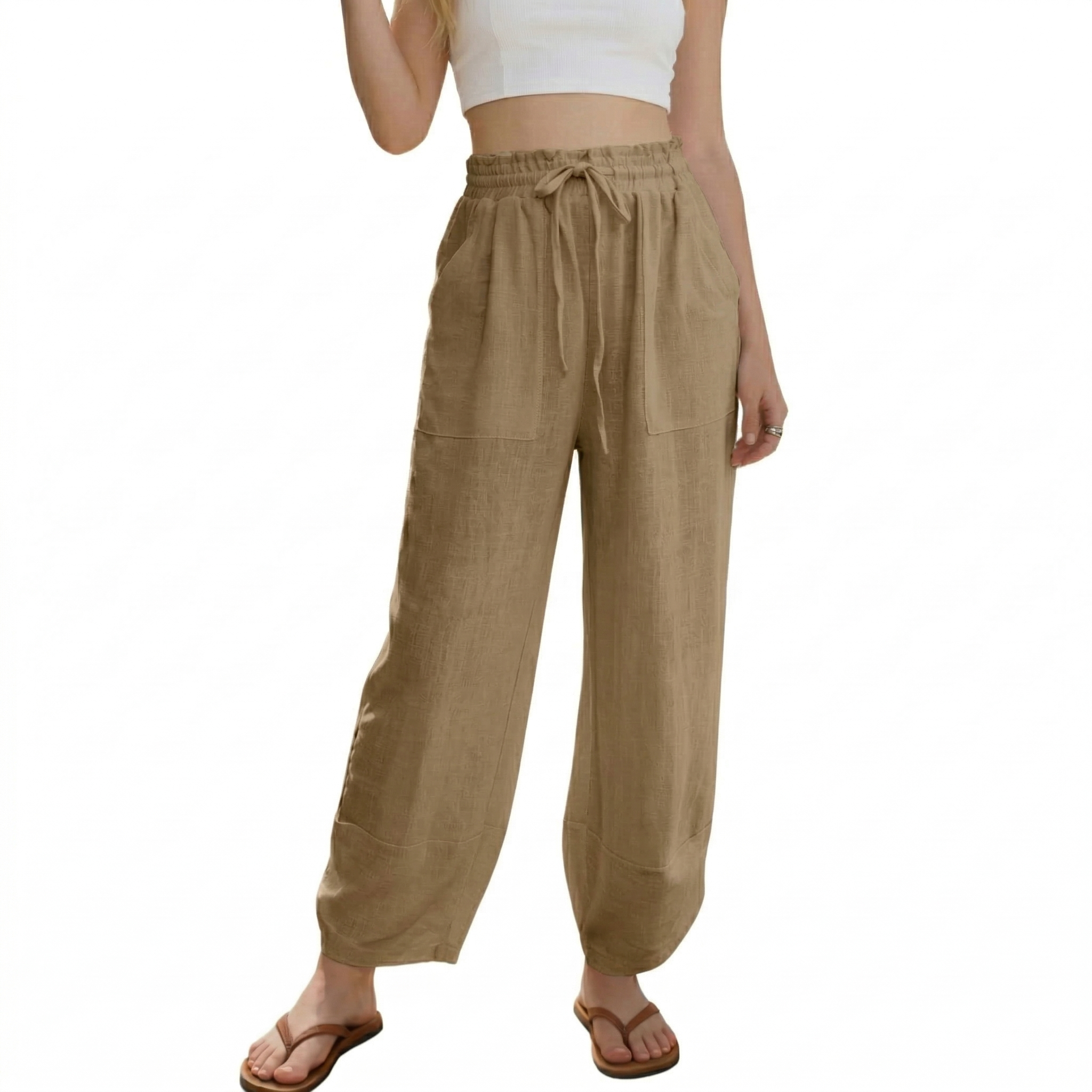 🔥Women's Linen Loose Casual Capri Pants Elastic Waistband with Pockets