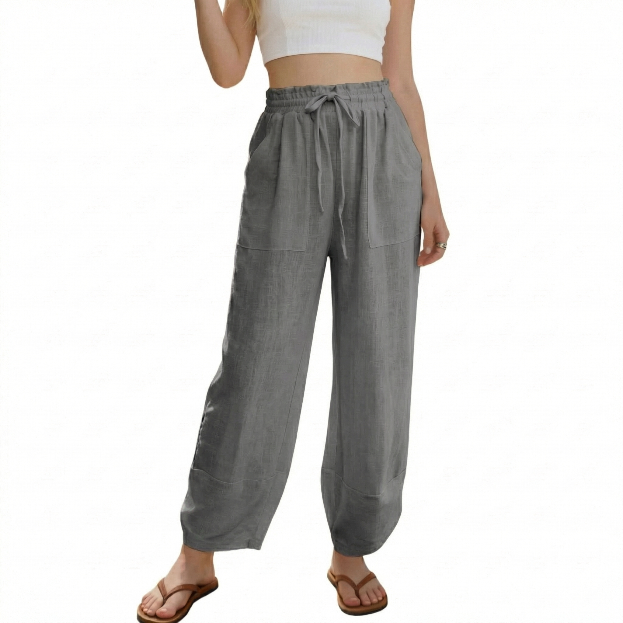 🔥Women's Linen Loose Casual Capri Pants Elastic Waistband with Pockets