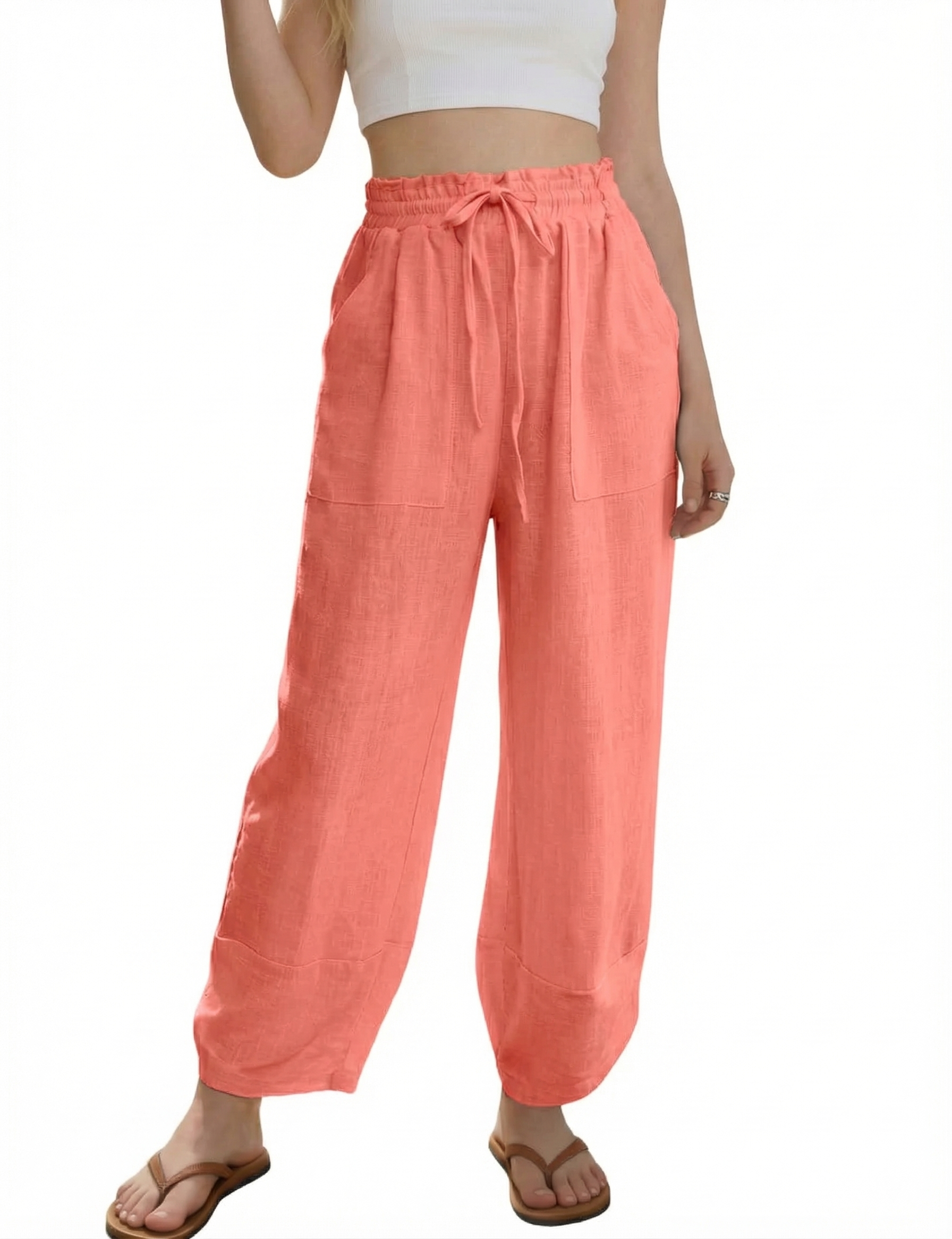 🔥Women's Linen Loose Casual Capri Pants Elastic Waistband with Pockets