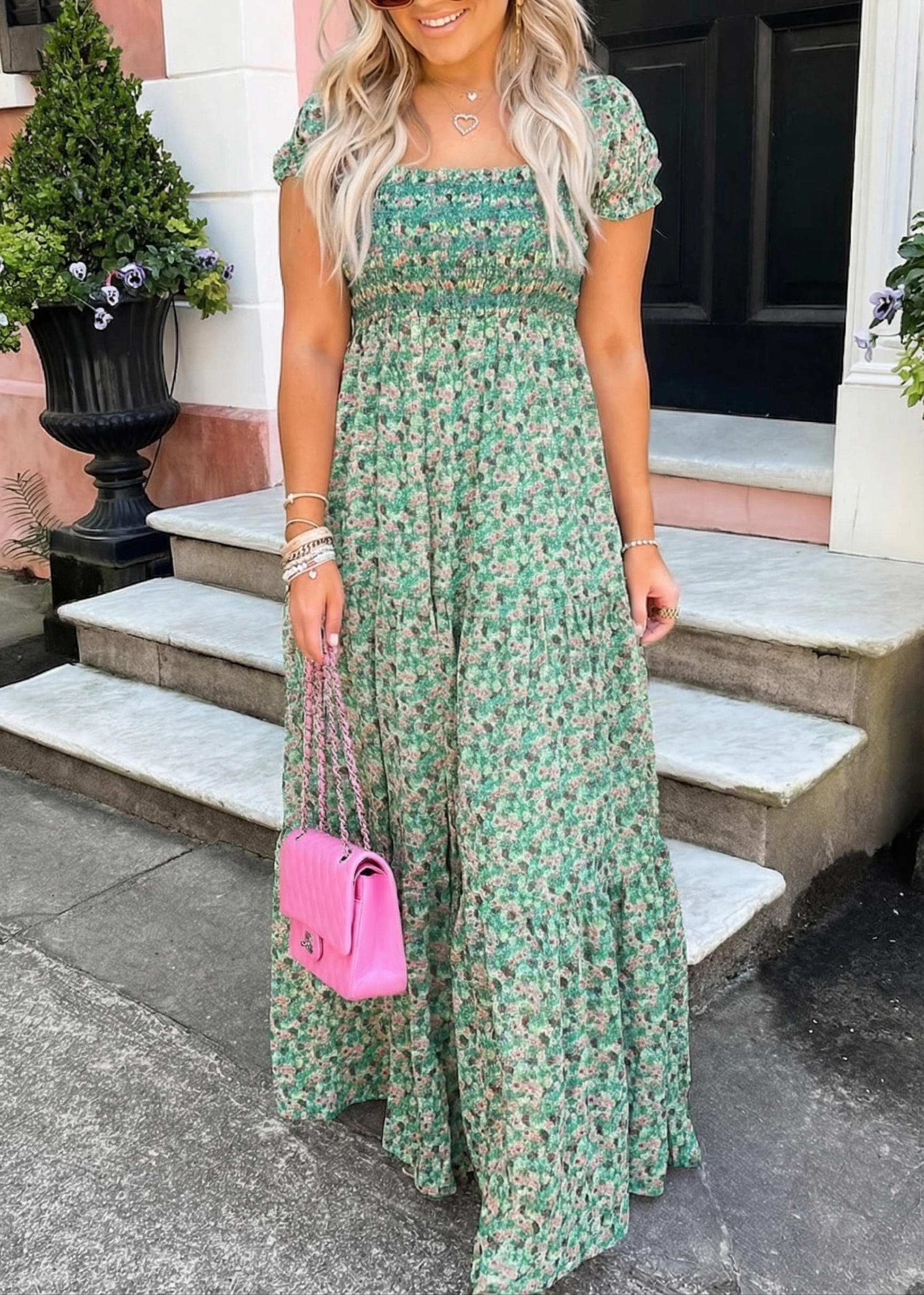 ✨Women's Floral Short Bubble Sleeve Shirred High Waist Maxi Dress