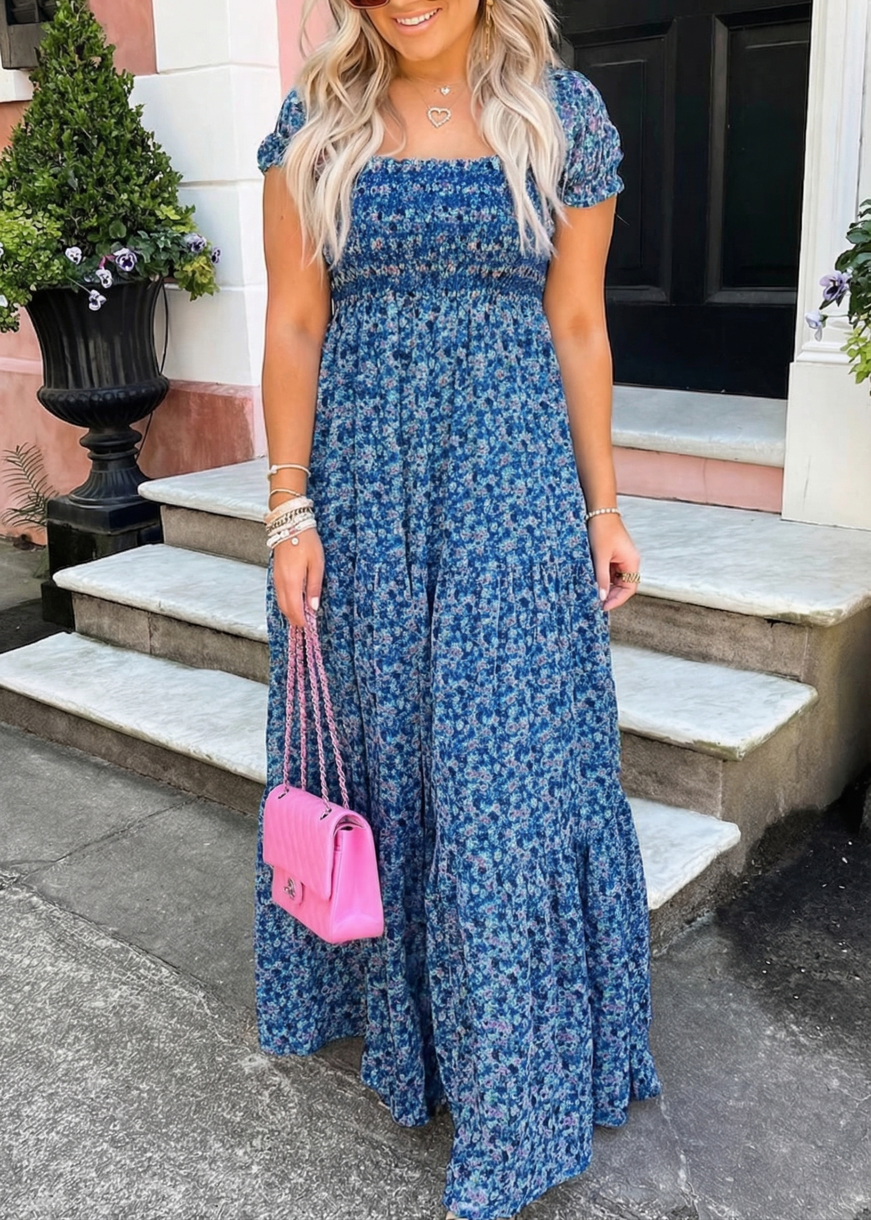 ✨Women's Floral Short Bubble Sleeve Shirred High Waist Maxi Dress