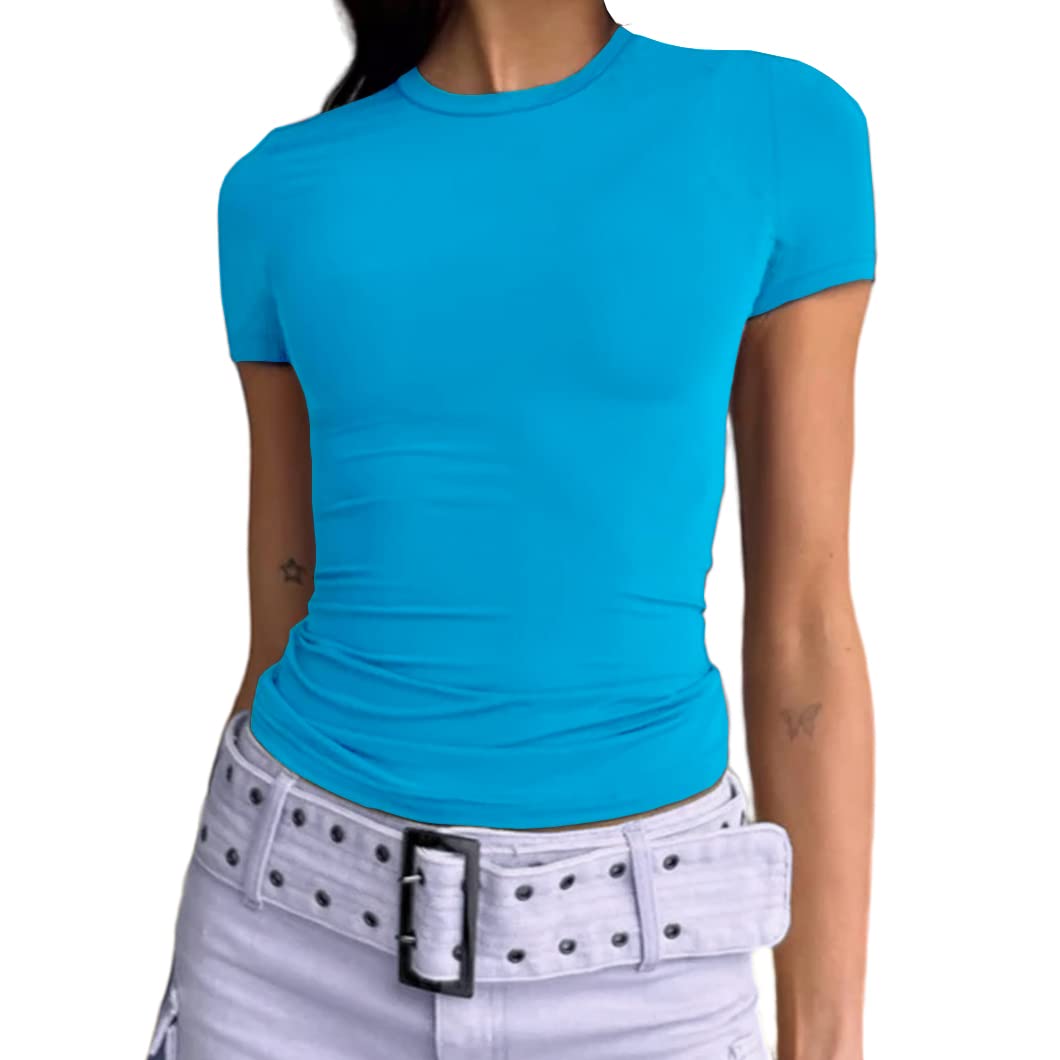 Slim Fit Short Sleeve Crew Neck Tight T Shirts-Pink Laura