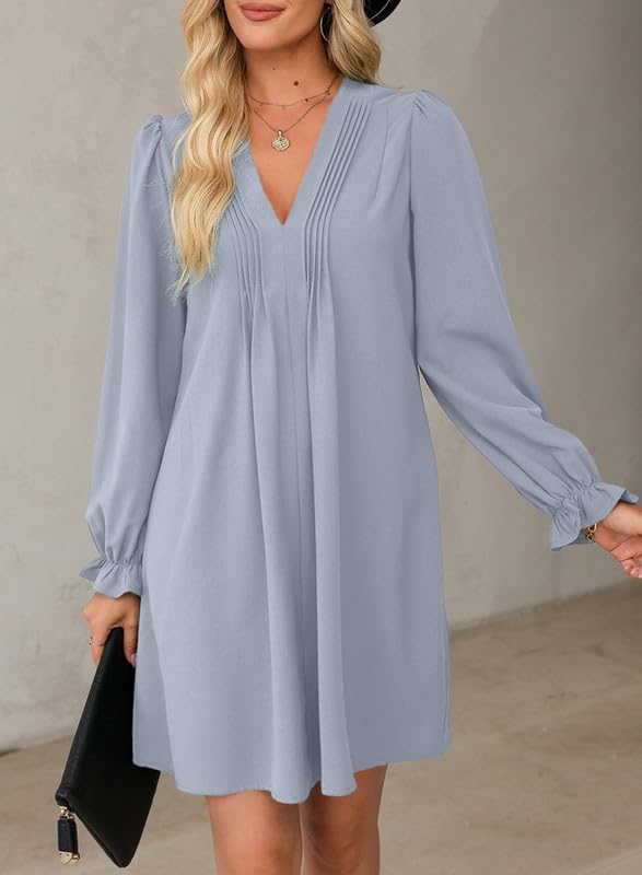 2025 New Womens Casual Ruffle Sleeve V Neck Pleated Flowy Shirt Dresses(BUY 2 FREE SHIPPING)