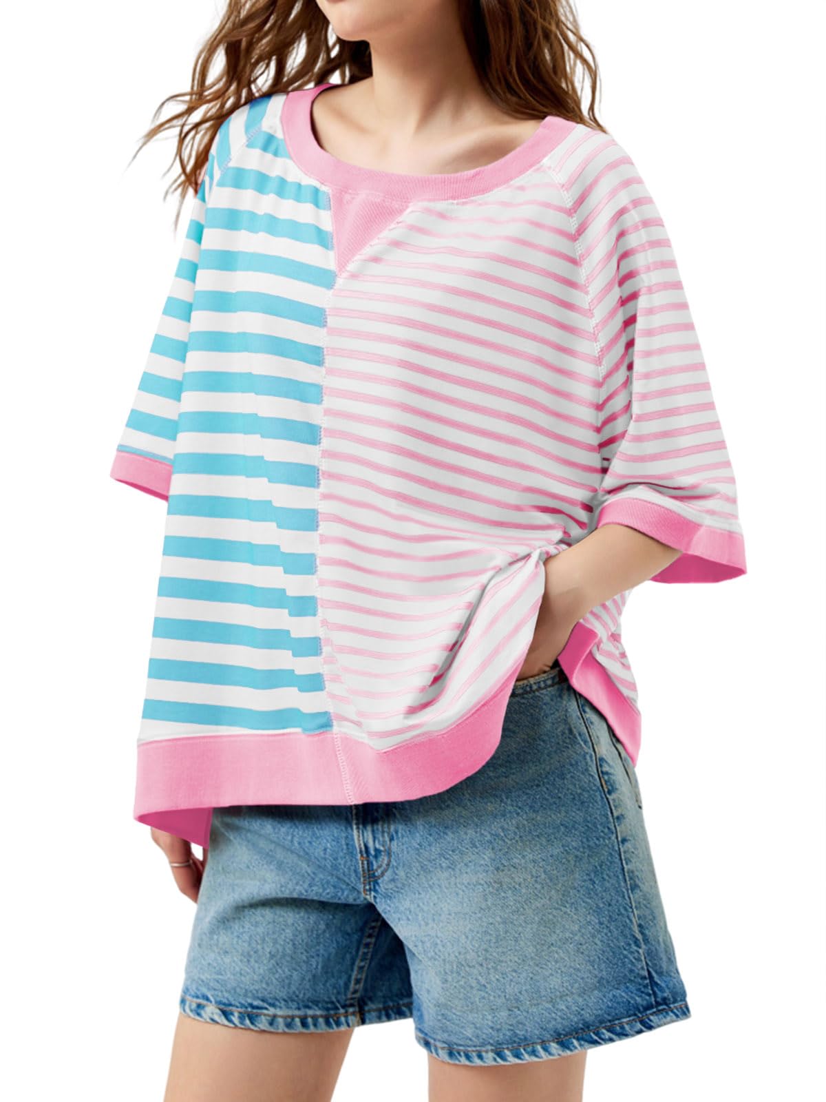 Women's Oversized Striped Color Block Loose Top