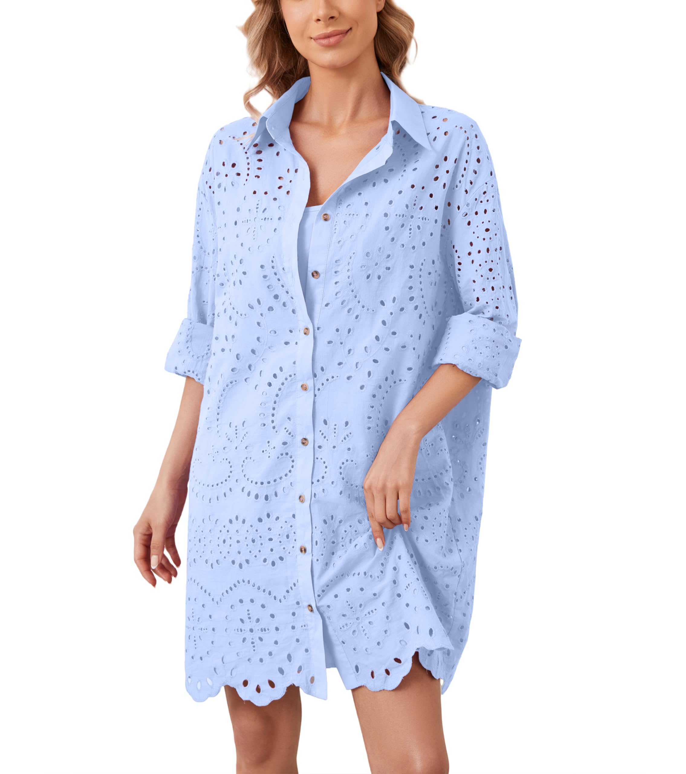 Women's Hollow Out Button Down Lapel Loose Mini Shirt Dress