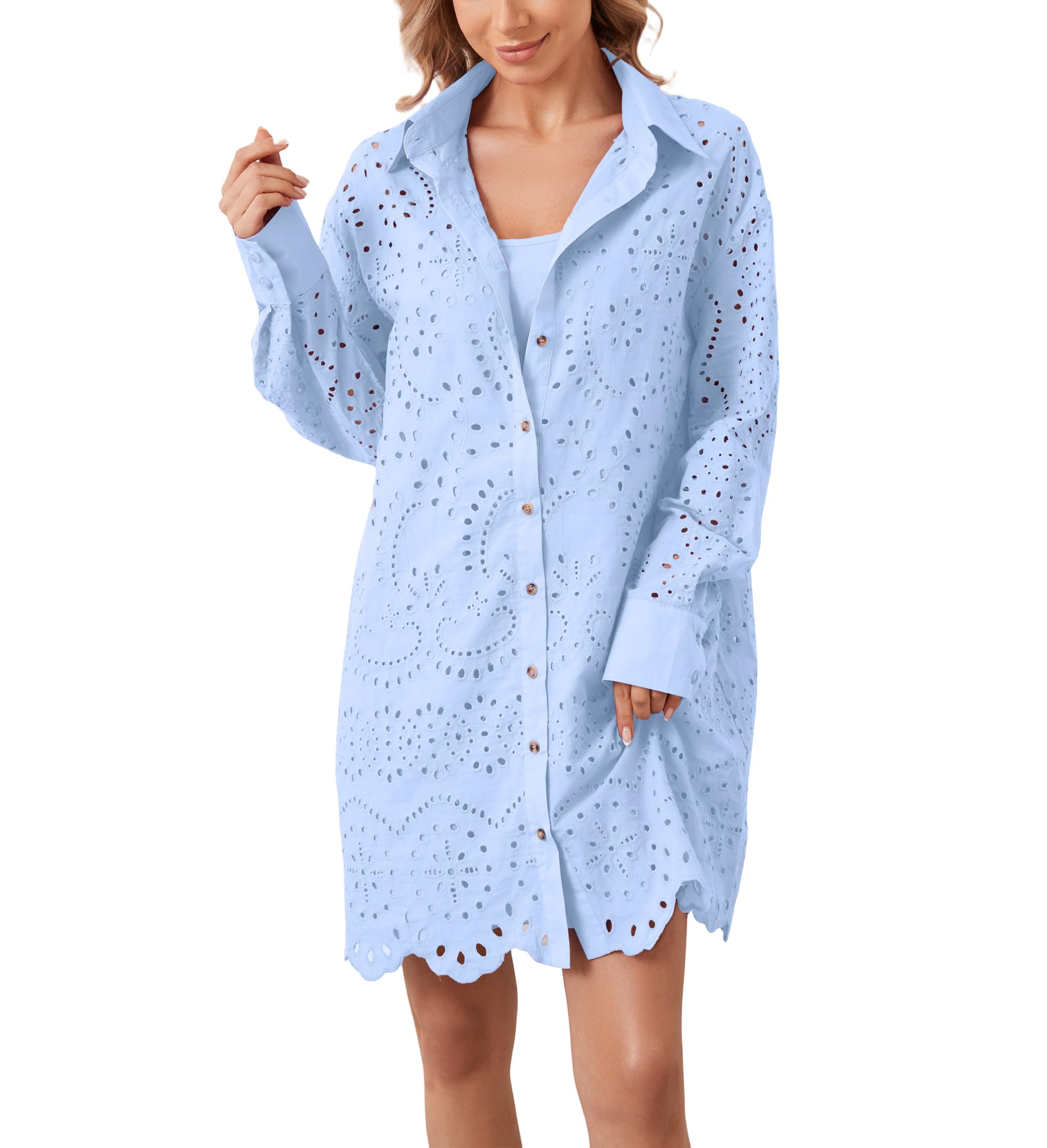 Women's Hollow Out Button Down Lapel Loose Mini Shirt Dress
