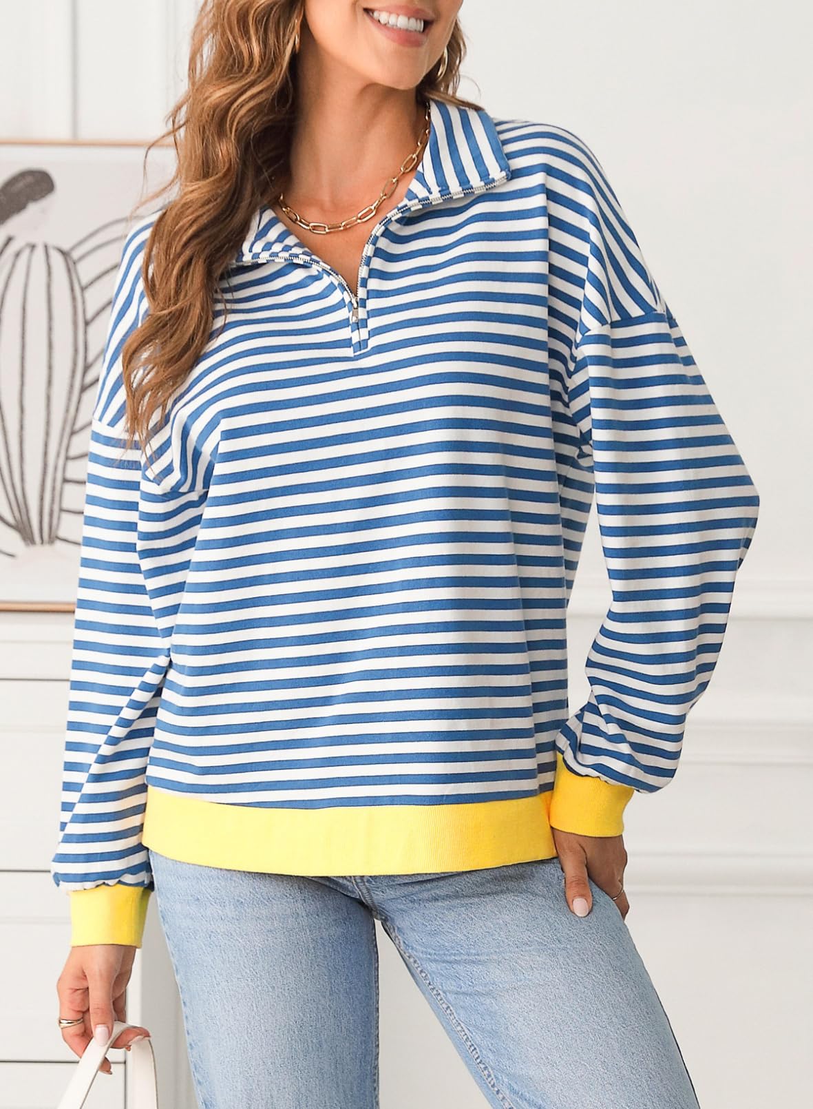 Women Casual Color Block Long Sleeve Shirts Quarter Zip Pullover