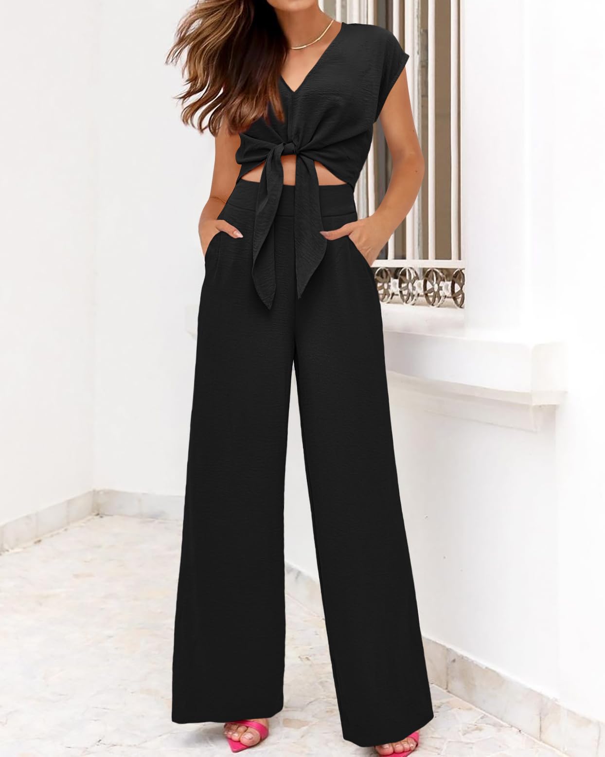 Women's Summer Cap Sleeve V Neck Belted Crop Tops Wide Leg Pant Sets 
