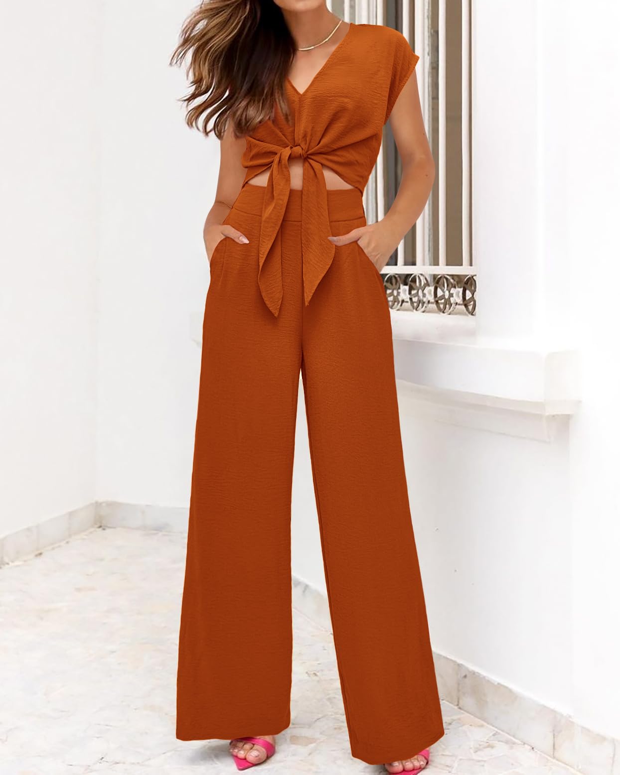Women's Summer Cap Sleeve V Neck Belted Crop Tops Wide Leg Pant Sets 