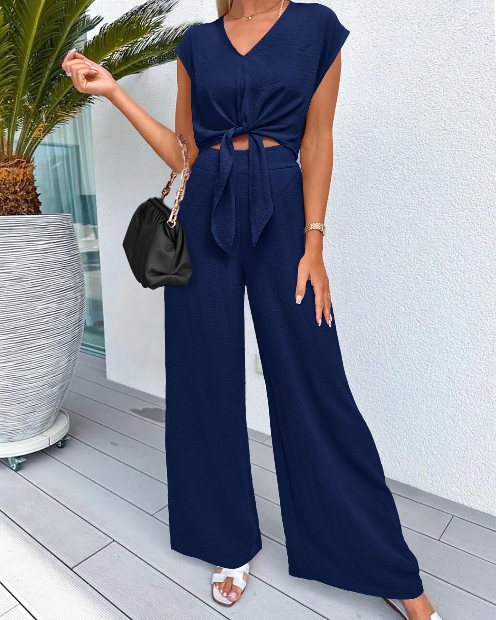 Women's Summer Cap Sleeve V Neck Belted Crop Tops Wide Leg Pant Sets 