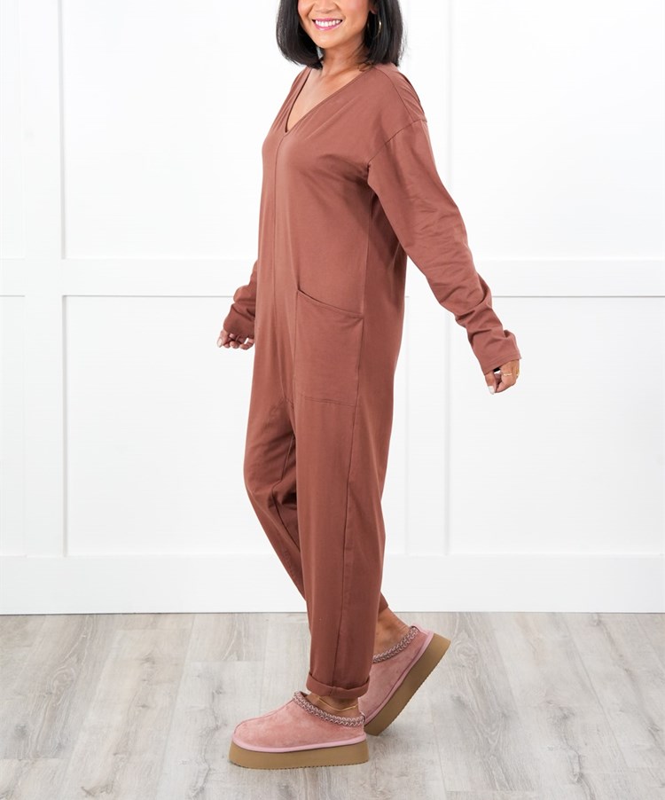 Solid Long Sleeve V Neck Jumpsuit With Patch Pockets (Multiple Colors)