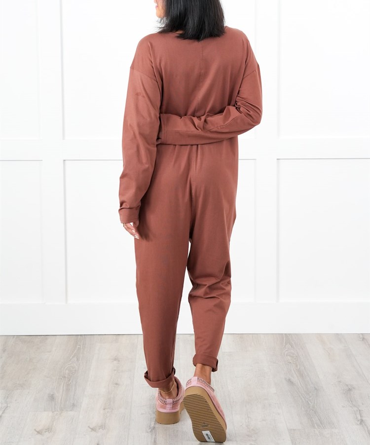 Solid Long Sleeve V Neck Jumpsuit With Patch Pockets (Multiple Colors)