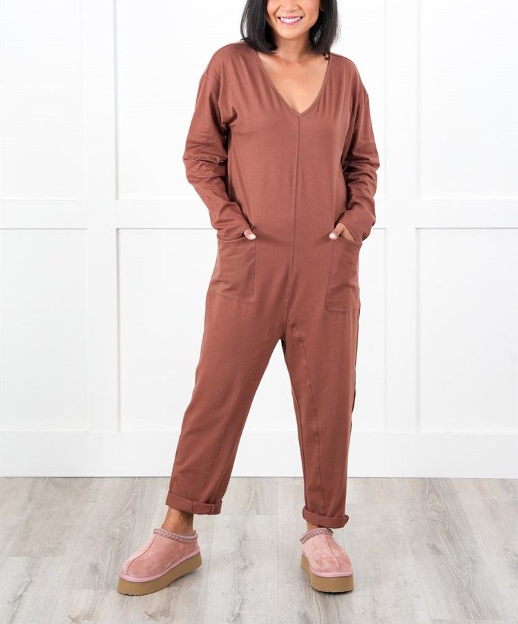 Solid Long Sleeve V Neck Jumpsuit With Patch Pockets (Multiple Colors)