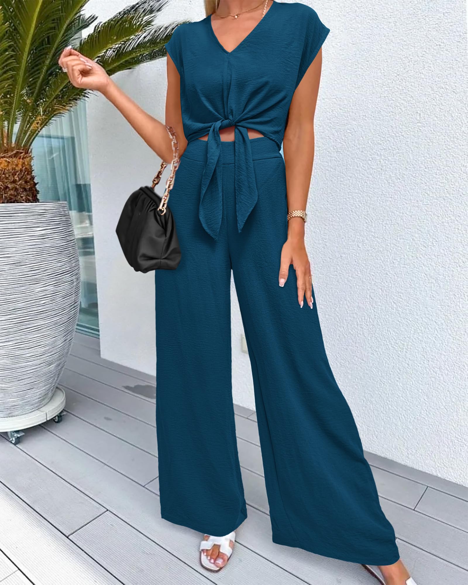 Women's Summer Cap Sleeve V Neck Belted Crop Tops Wide Leg Pant Sets 