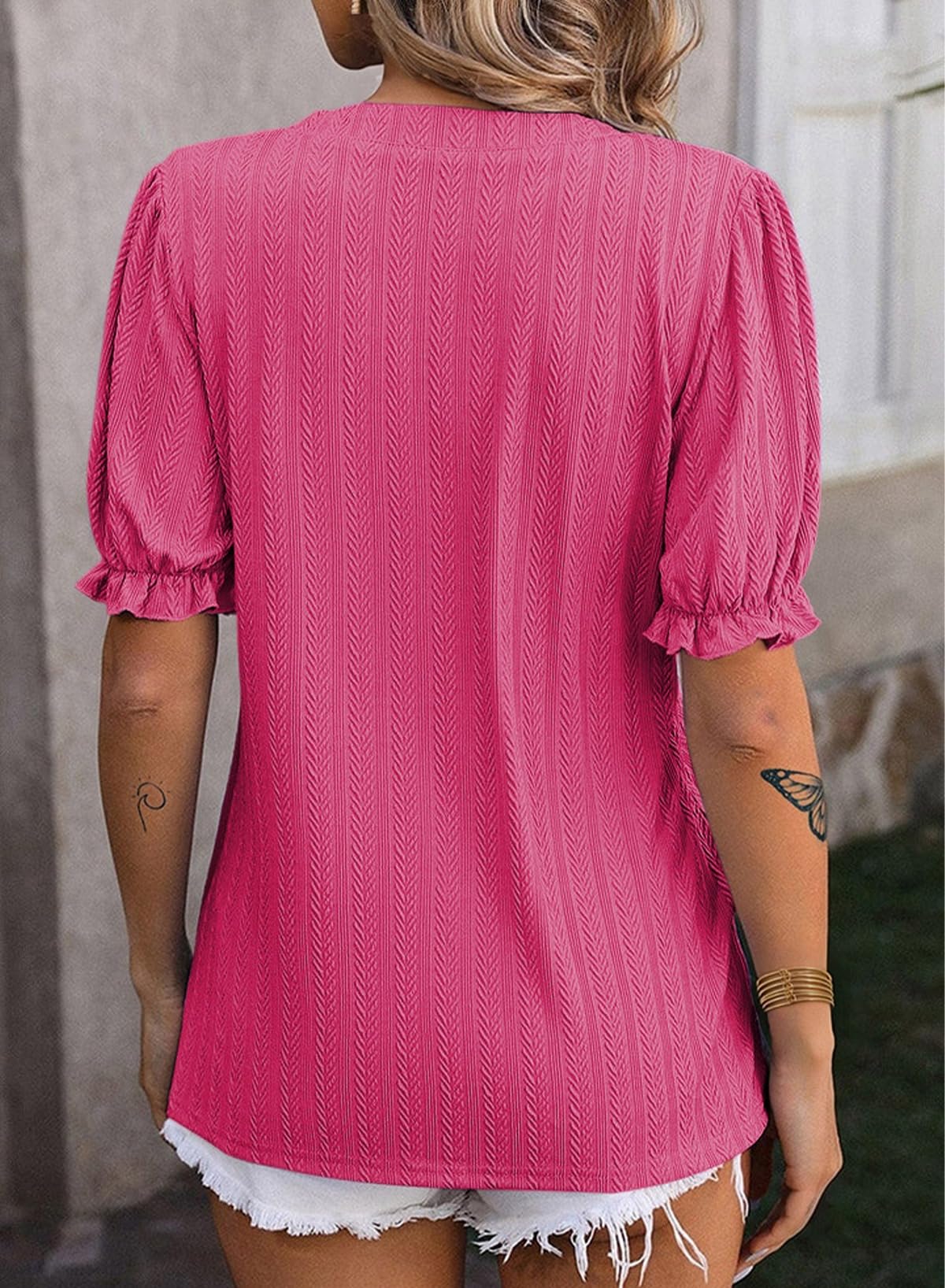 2025 New Womens Short Puff Sleeves Blouses V Neck Knit Textured Tops(buy 2 free shipping)