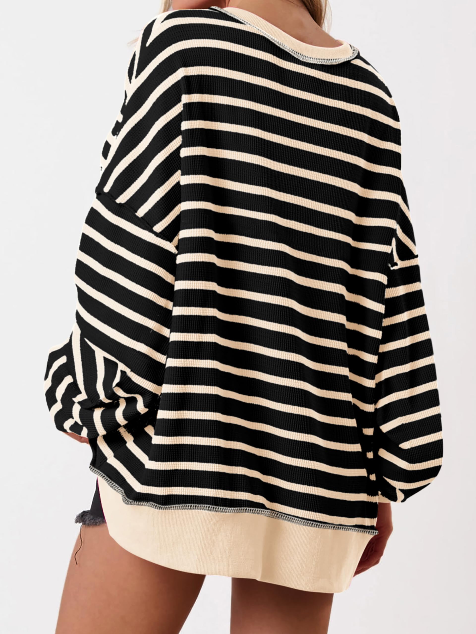 2024 Fall Women's Striped Oversized Sweatshirt Button Up Henley Neck Waffle Knit Pullover(buy 2 10% OFF)