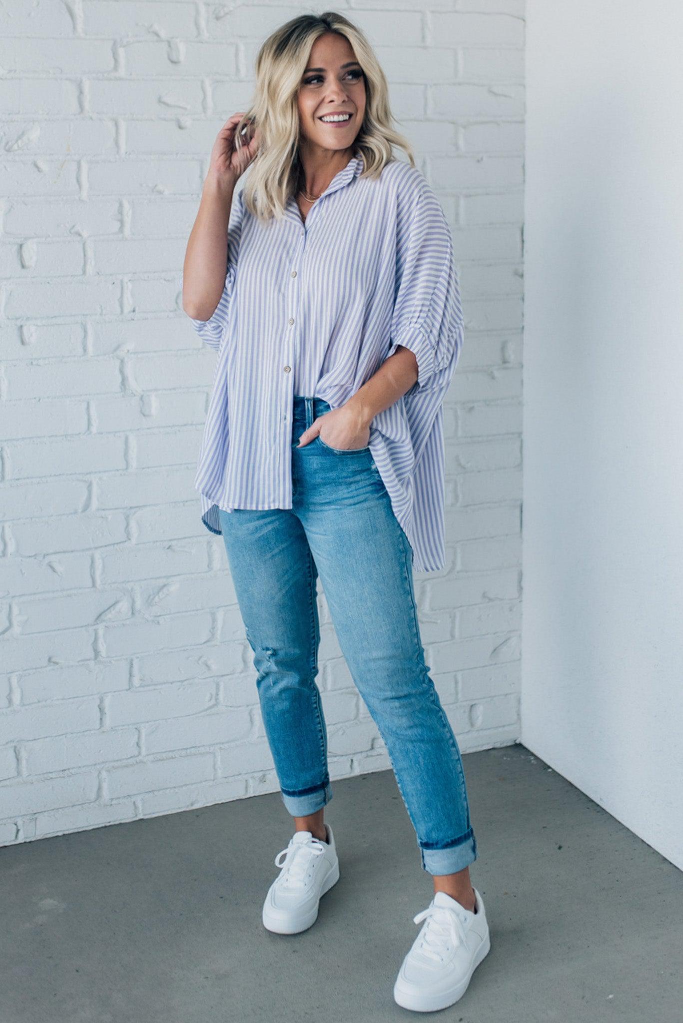 Striped Slouchy Button Front Top