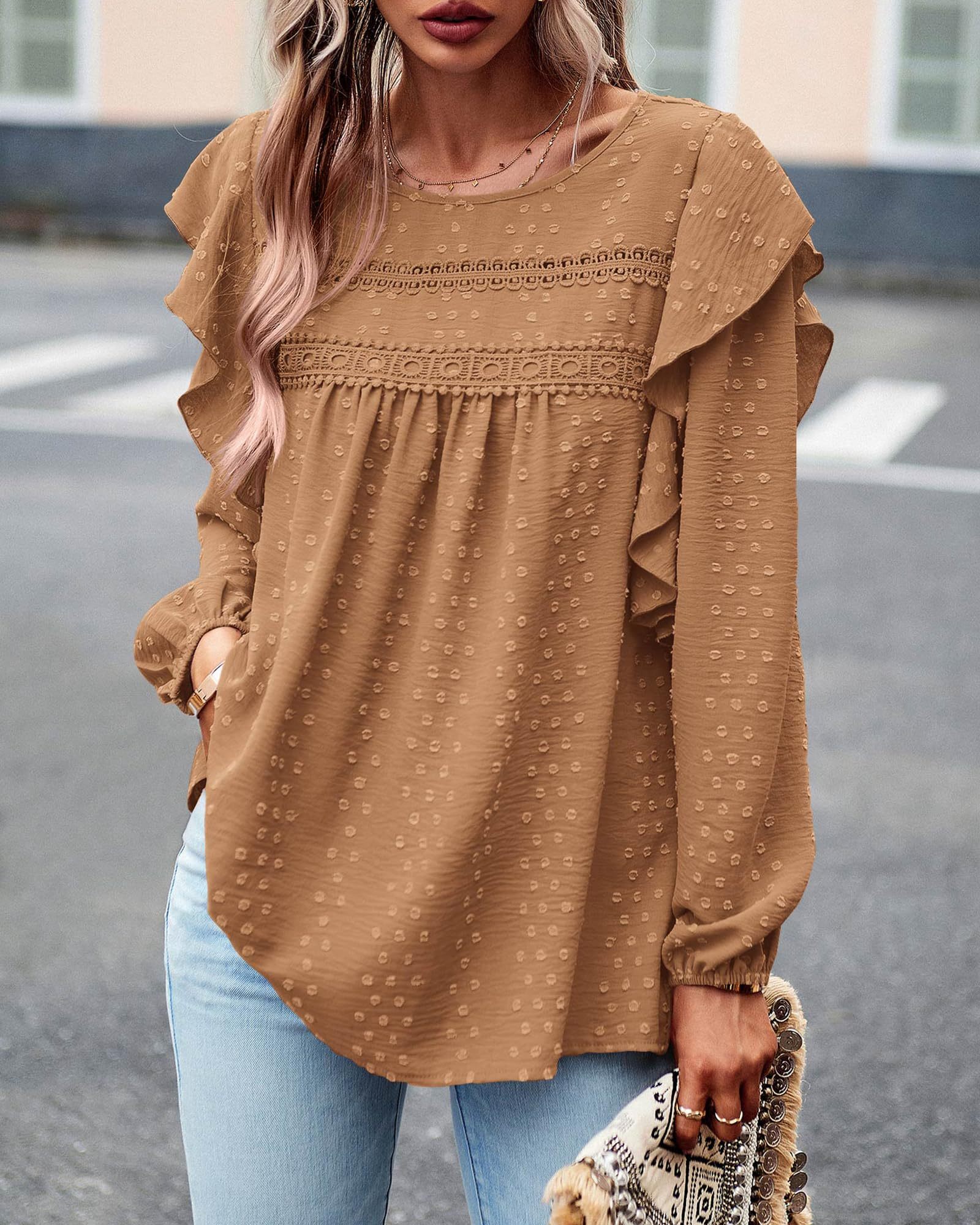 HOT SALE Women's Long Sleeve Ruffle Swiss Dot Crochet Tops