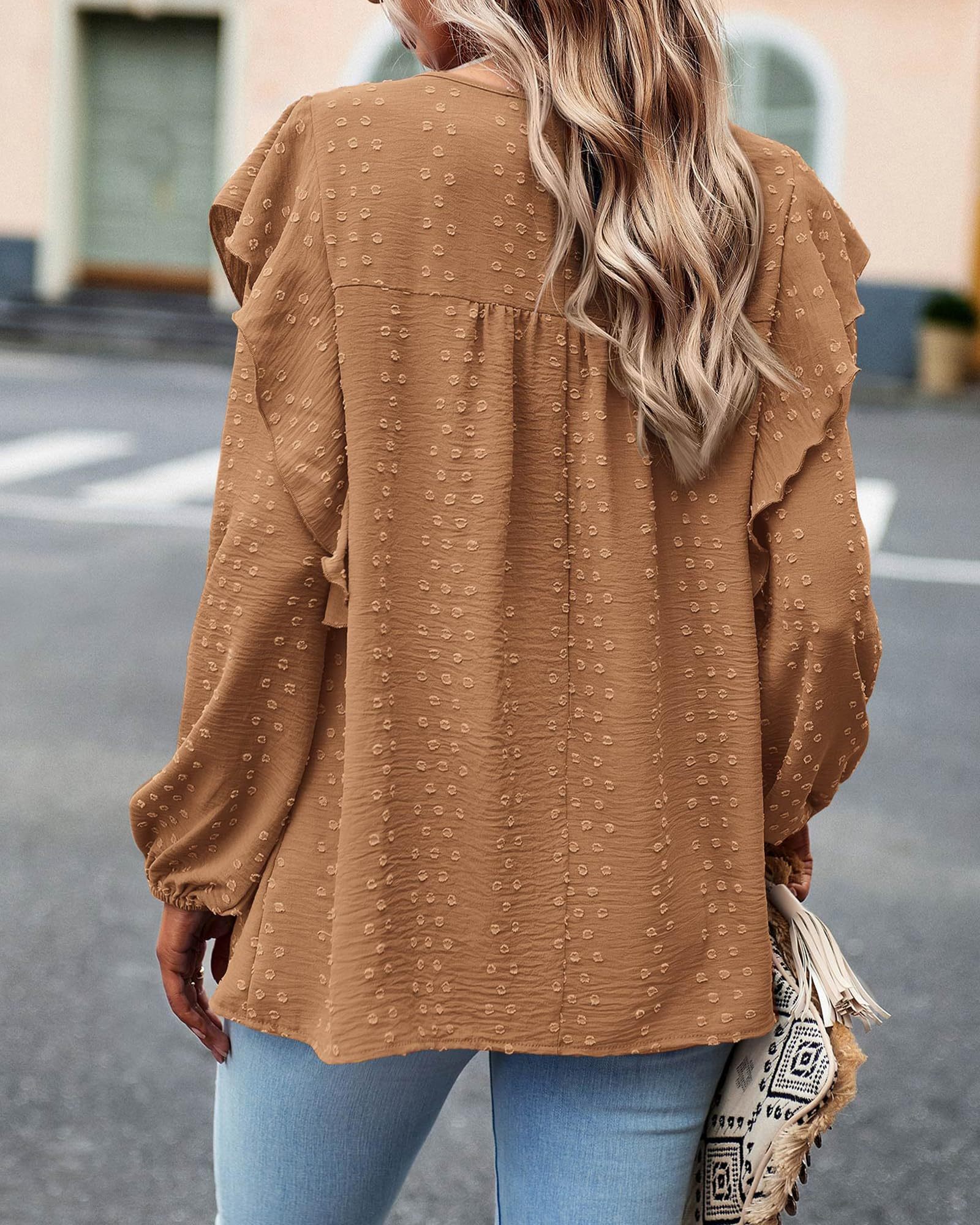 HOT SALE Women's Long Sleeve Ruffle Swiss Dot Crochet Tops