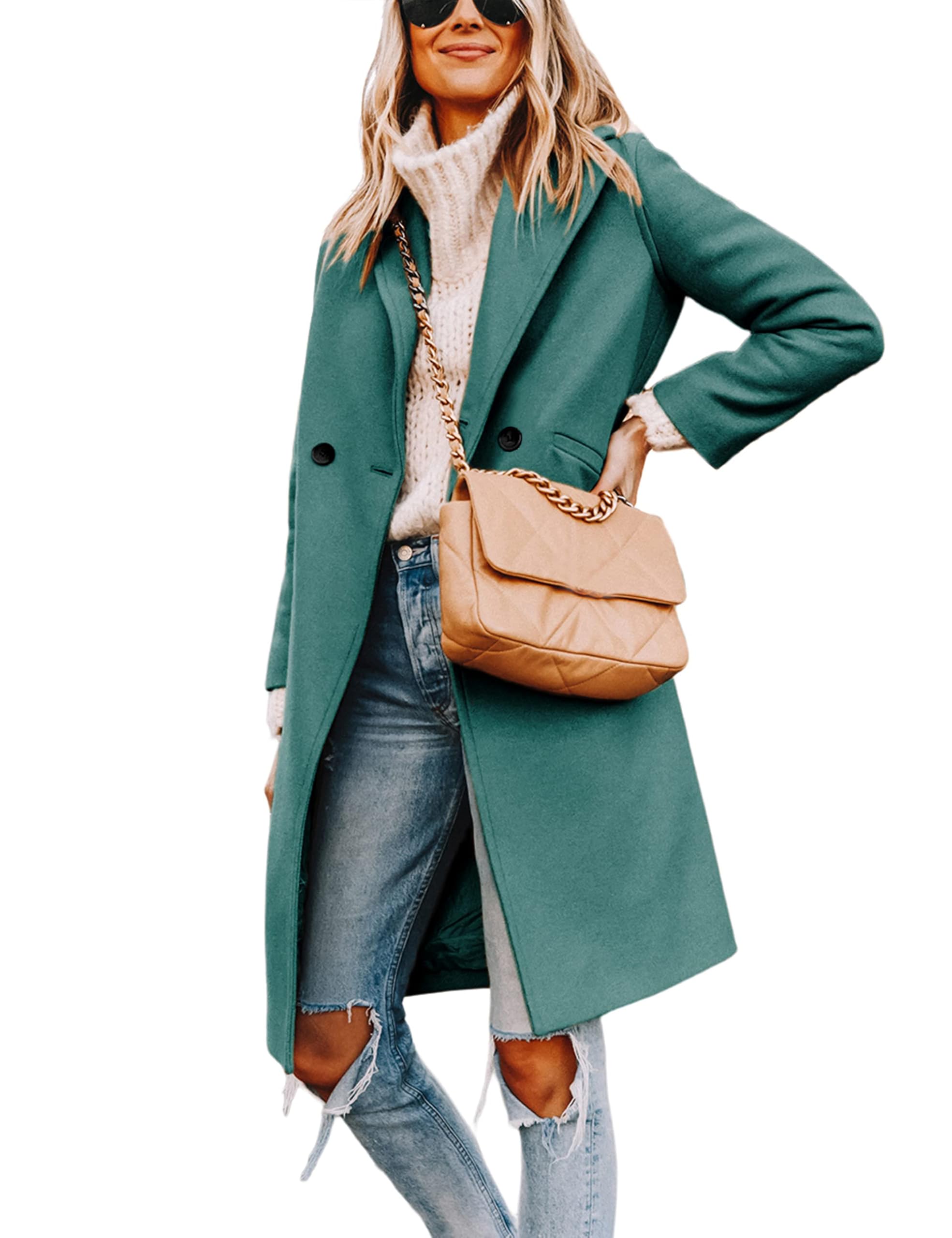 Women's Notch Lapel Double Breasted Wool Blend Mid Long Pea Trench Coat