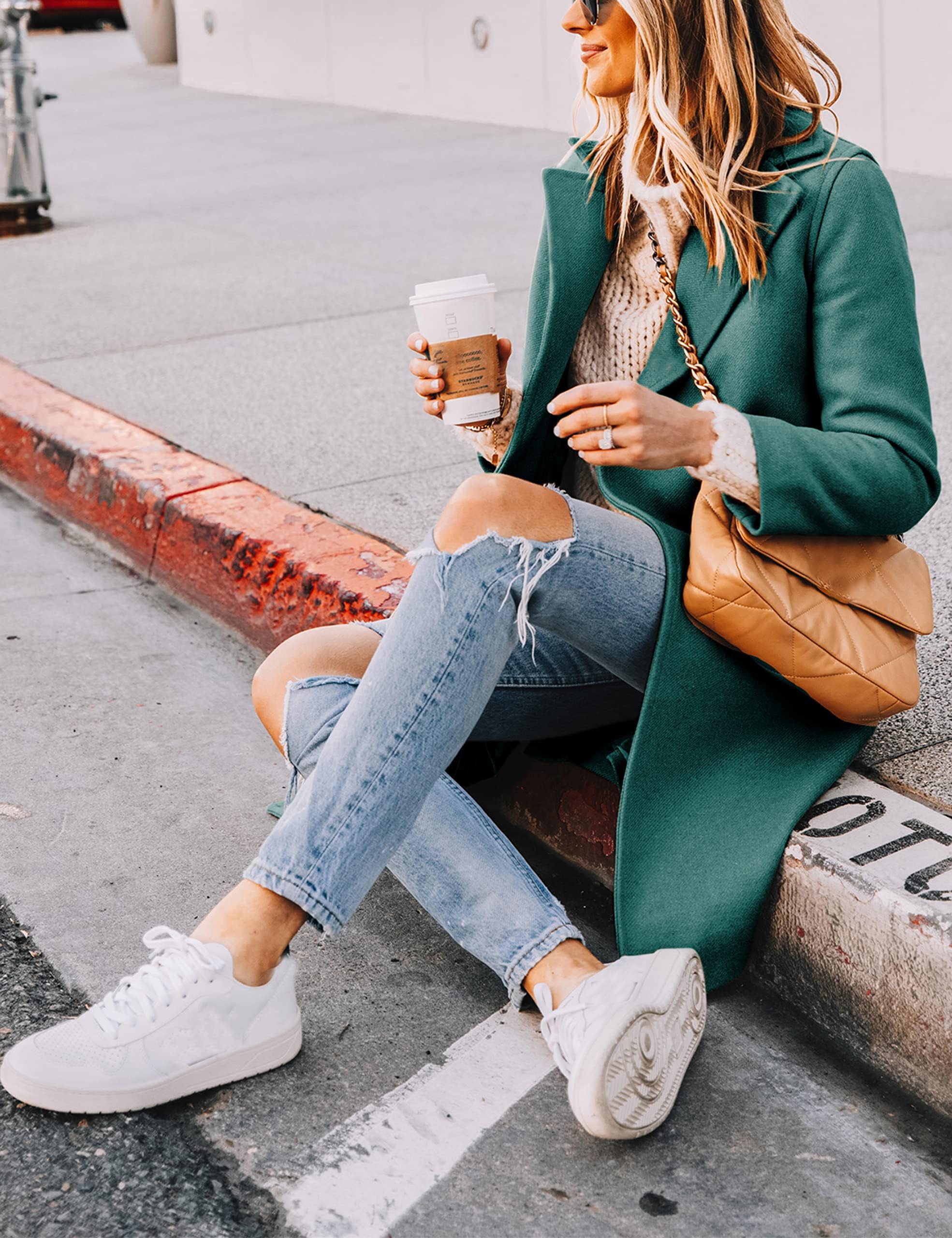 Women's Notch Lapel Double Breasted Wool Blend Mid Long Pea Trench Coat