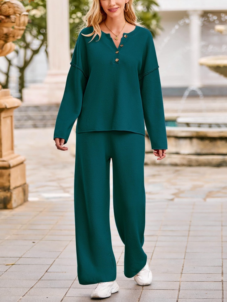 Women's Long Sleeve Button Knit Pullover Sweater and Pants Lounge 2 Piece Outfit Sets