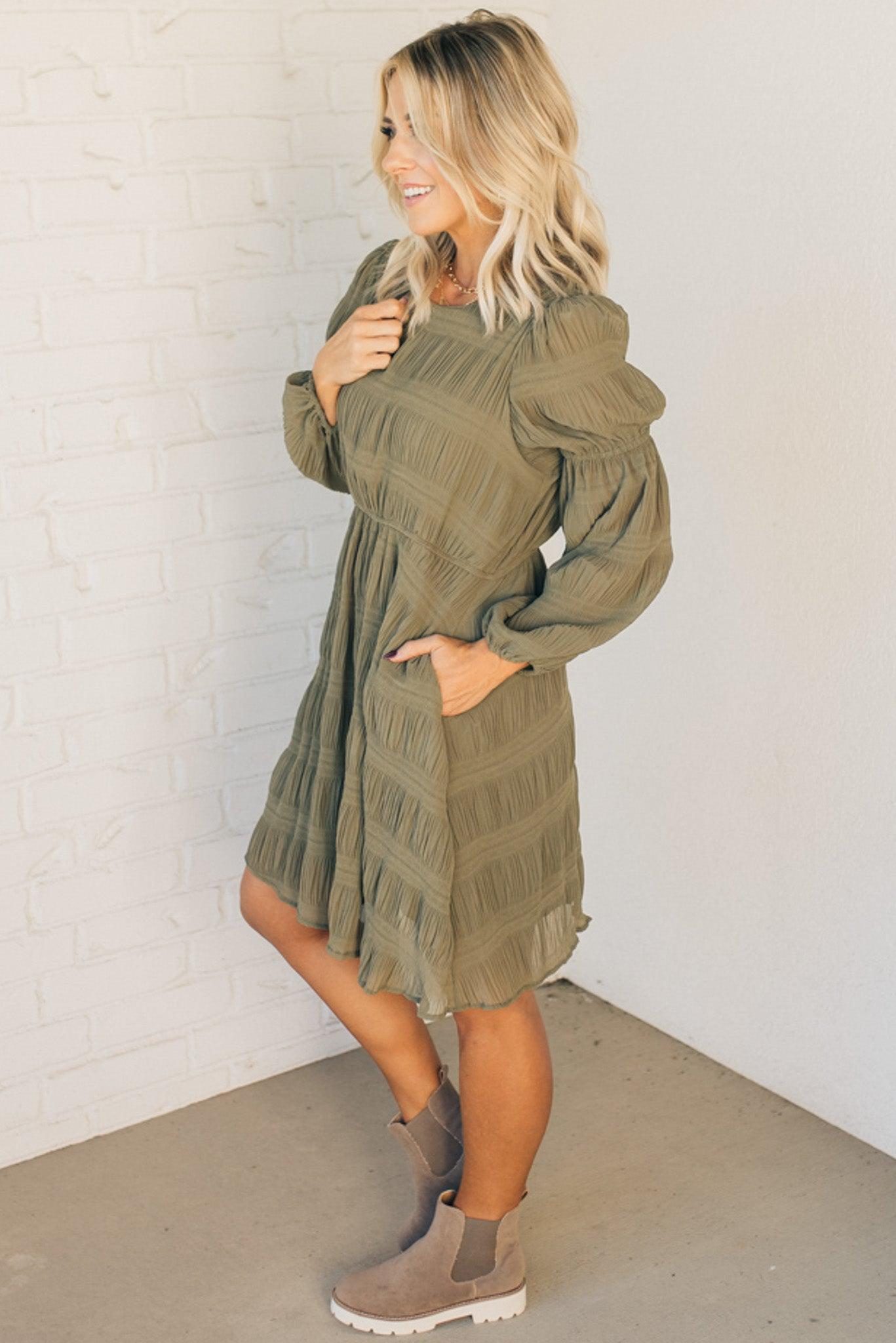Textured Bubble Sleeve Shift Dress (Buy 2 Free Shipping)