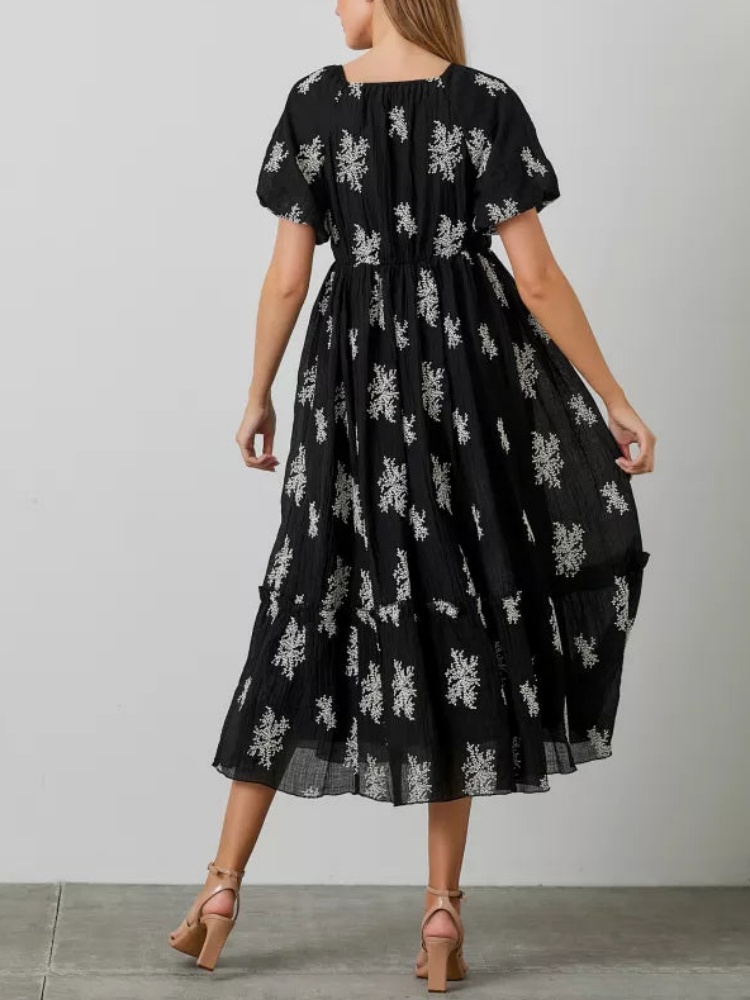 Women's Embroidered Bubble Sleeve Dress