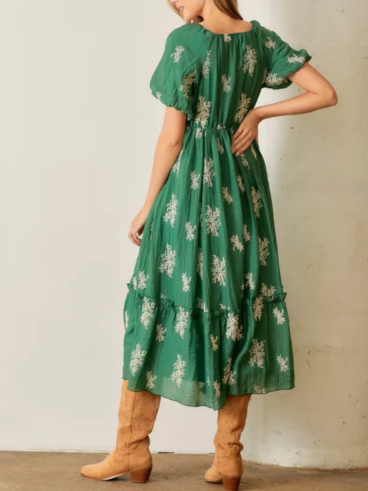 Women's Embroidered Bubble Sleeve Dress