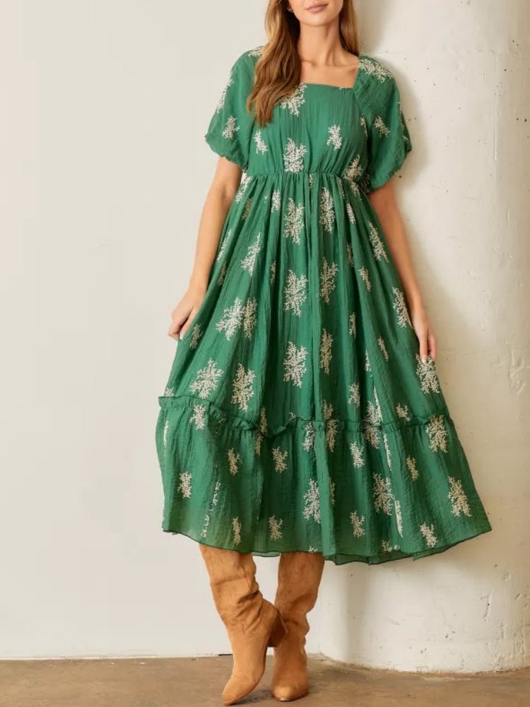 Women's Embroidered Bubble Sleeve Dress