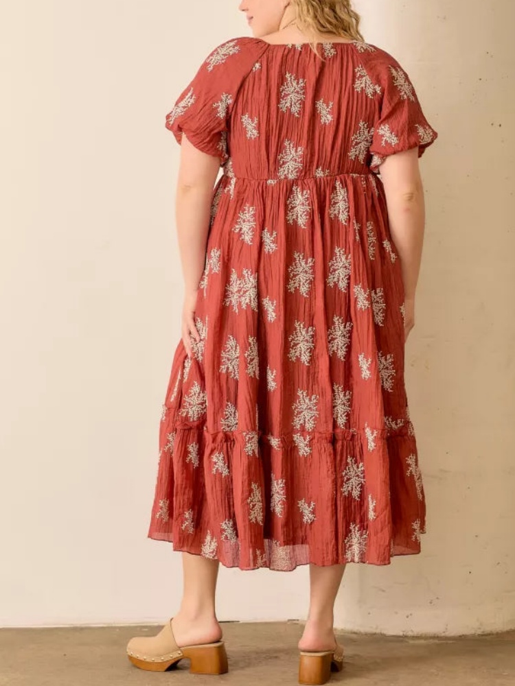 Women's Embroidered Bubble Sleeve Dress