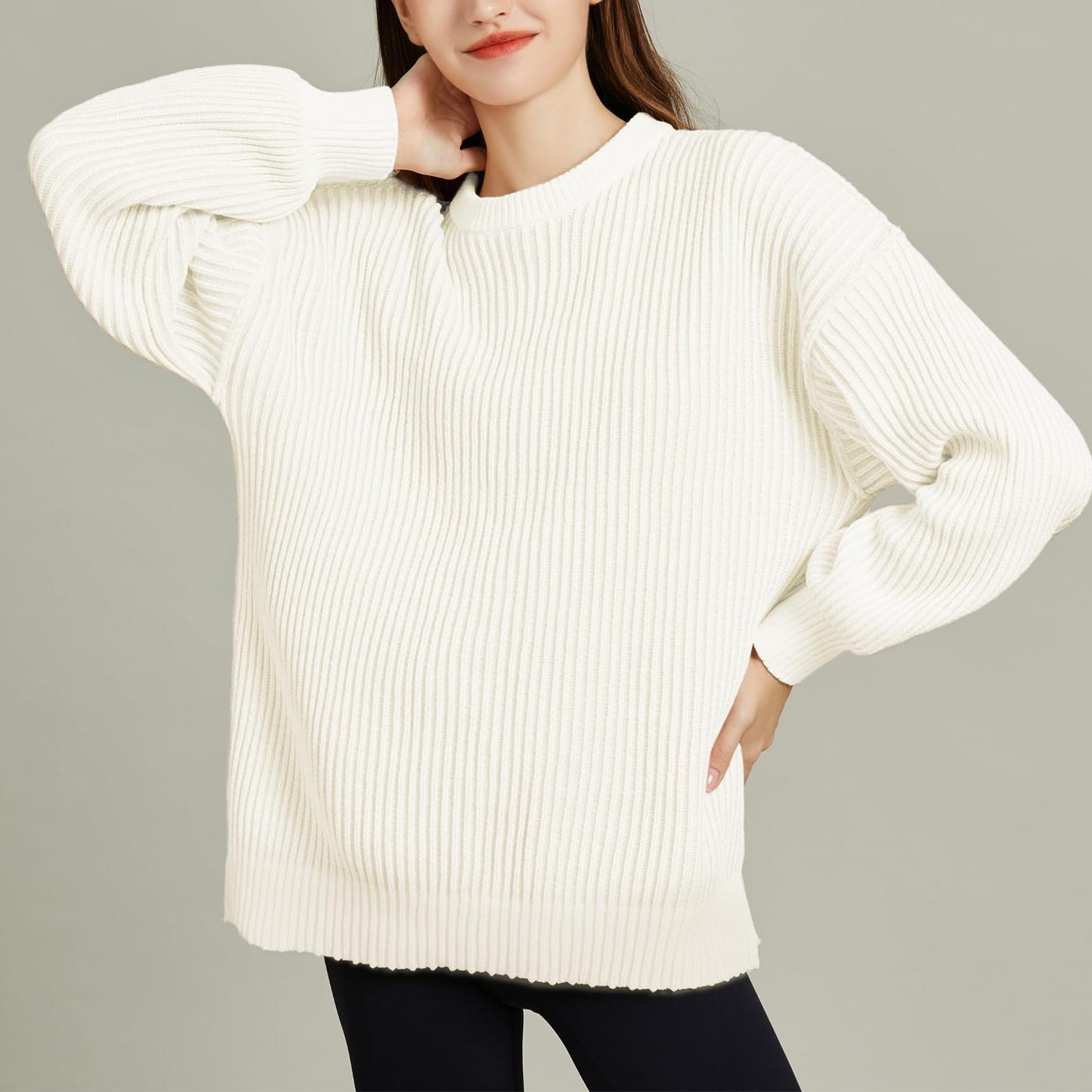 Women Striped Round Neck Rib Knit Blouse Sweater
