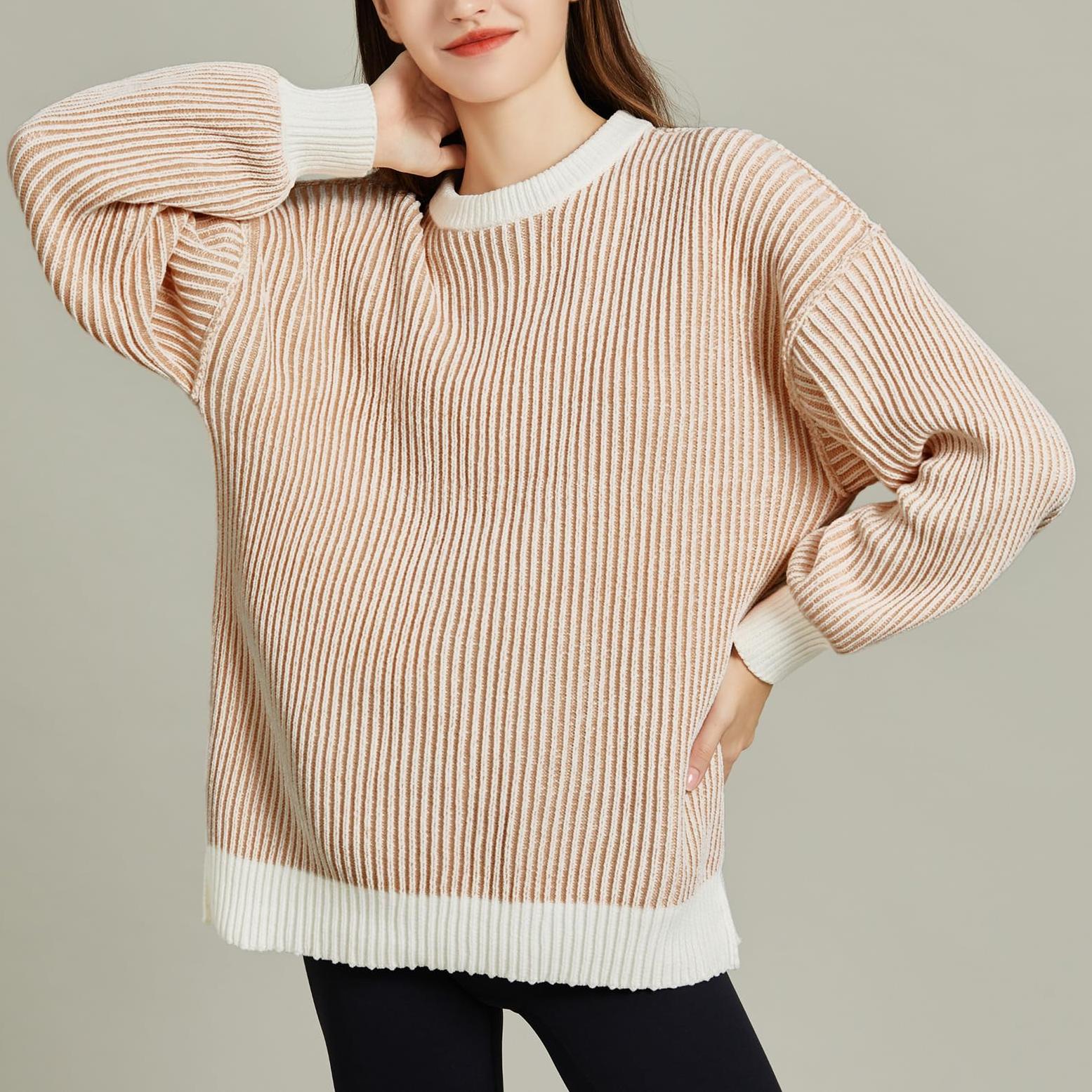 Women Striped Round Neck Rib Knit Blouse Sweater