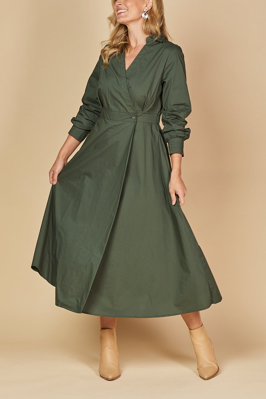 Cross V-neck Long Seeve Buckle Waist Midi Dress