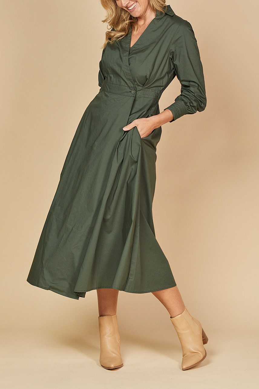 Cross V-neck Long Seeve Buckle Waist Midi Dress