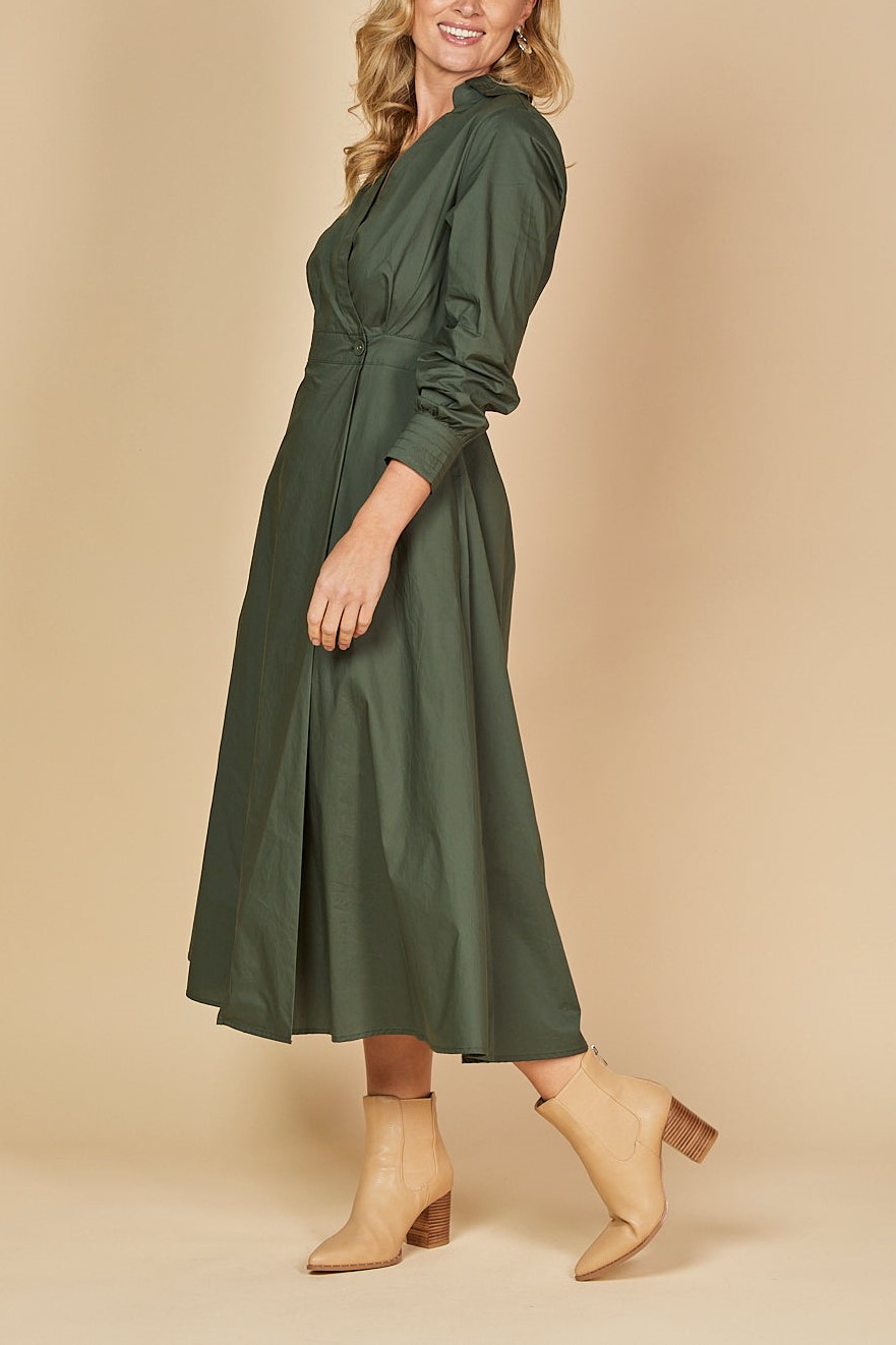 Cross V-neck Long Seeve Buckle Waist Midi Dress