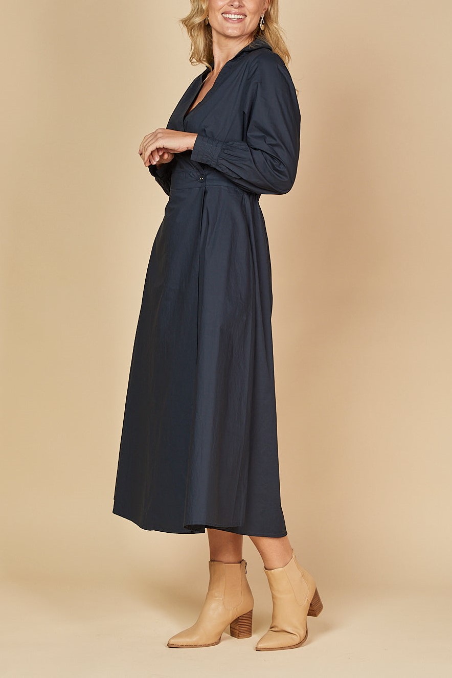 Cross V-neck Long Seeve Buckle Waist Midi Dress