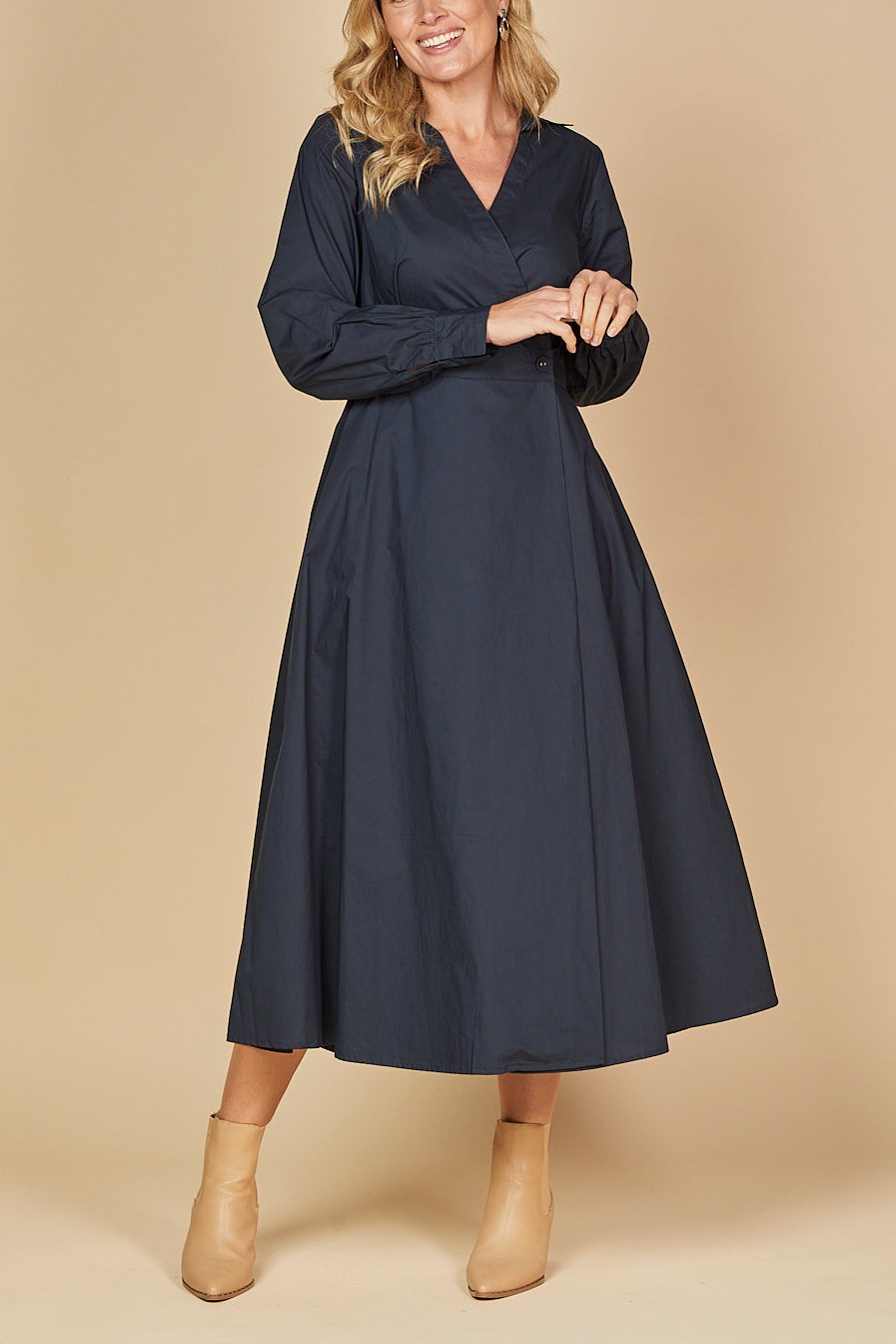 Cross V-neck Long Seeve Buckle Waist Midi Dress