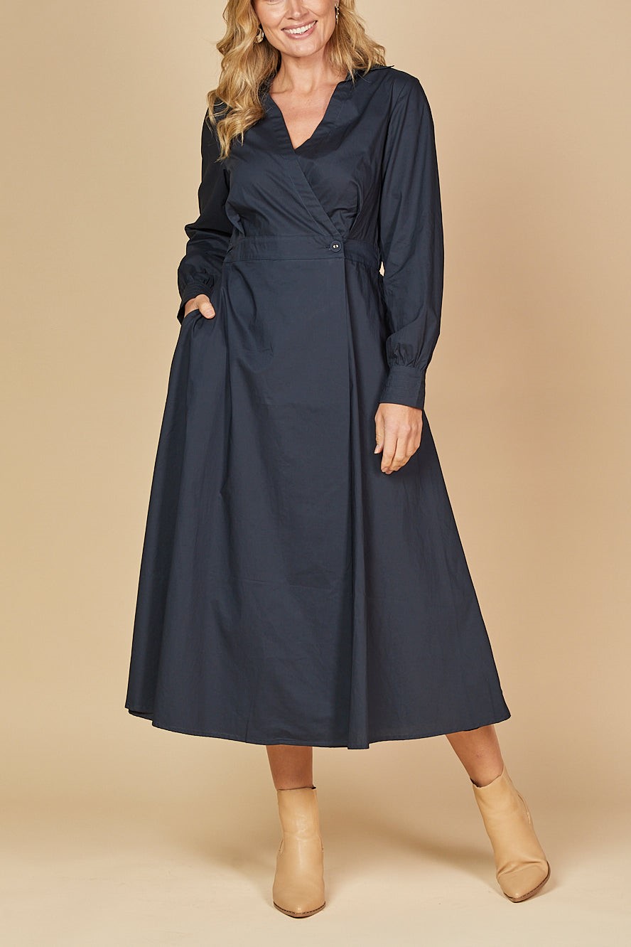 Cross V-neck Long Seeve Buckle Waist Midi Dress