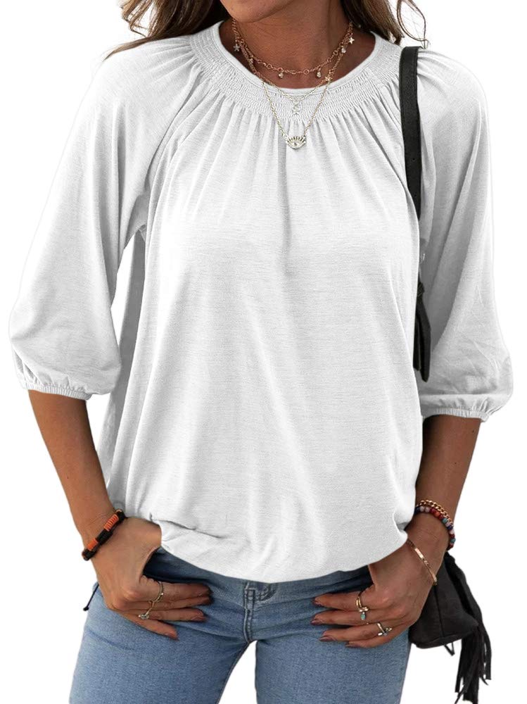 Women's Casual Cotton 3/4 Sleeve Loose Pleated Basic Tops