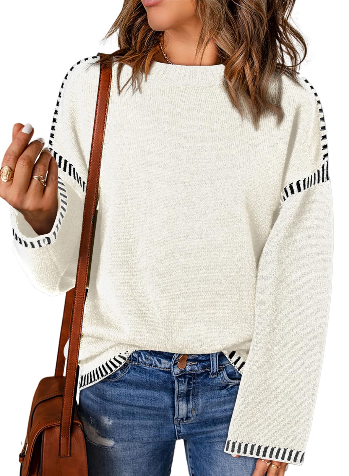 Women's Solid Crewneck Loose Fit Contrast Cable Knit Pullover Sweater