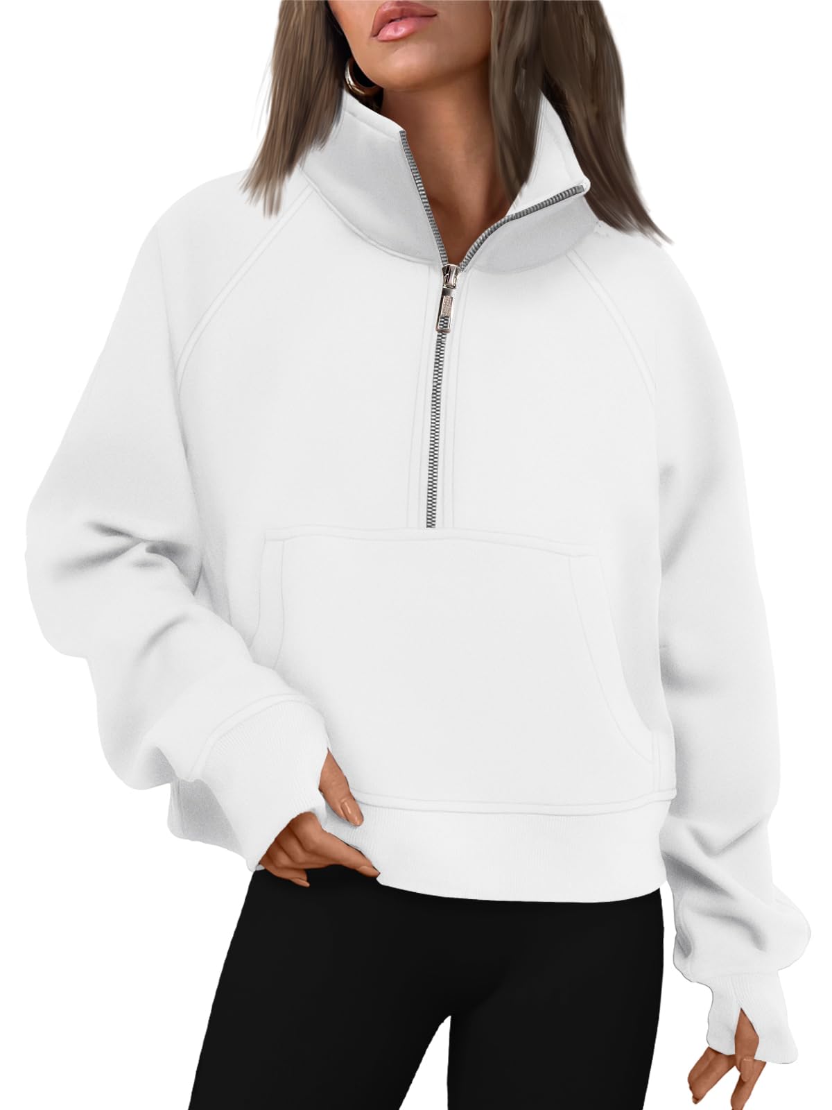 Womens Half Zip Cropped Sweatshirt With Thumb Hole