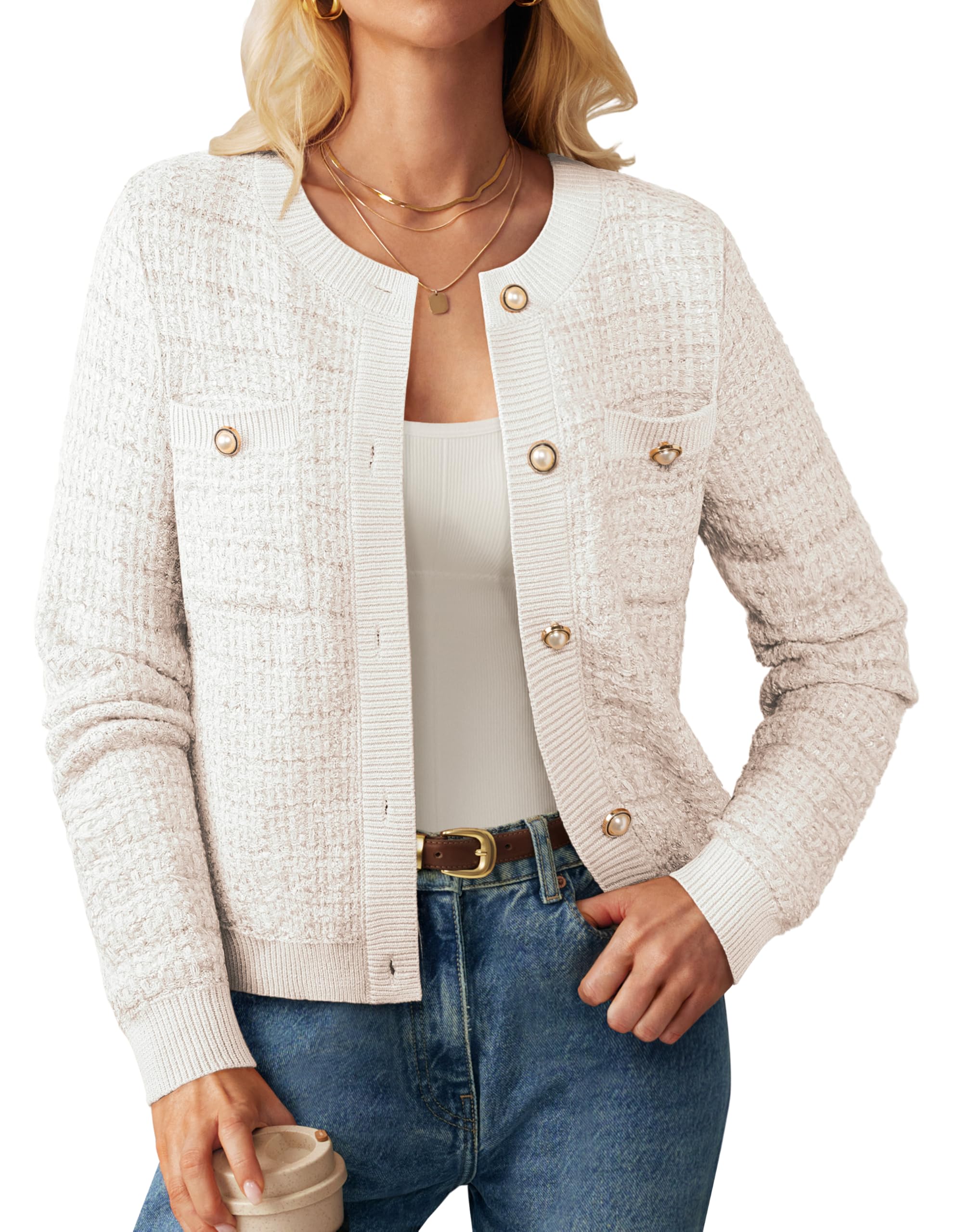 Womens Open Front Button Down Texture Knit Cardigan Sweaters with Pockets