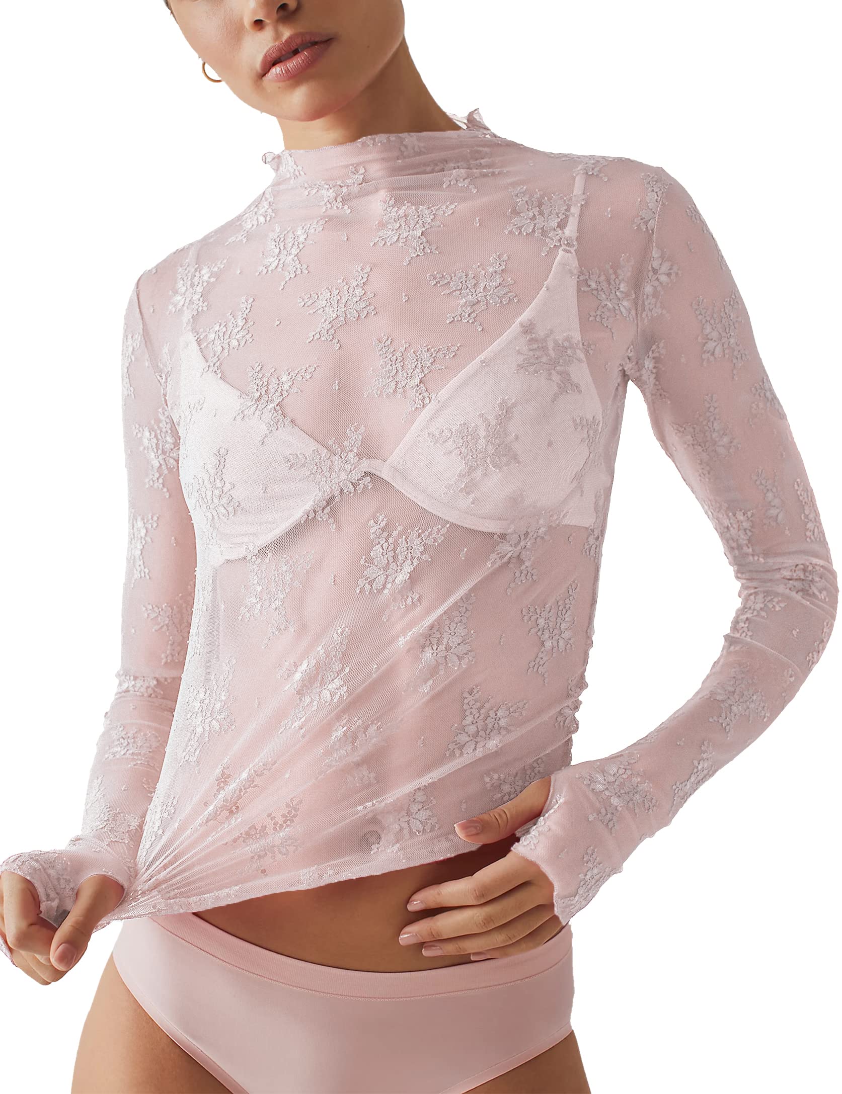 Women's Sexy Long Sleeve Mock Neck Lace Floral Lace Tops