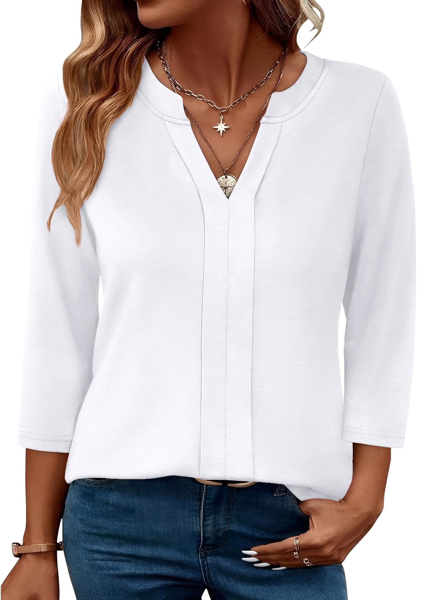 Womens 3/4 Length Sleeve Tops V Neck Pleated Work Blouses(buy 3 free shipping)