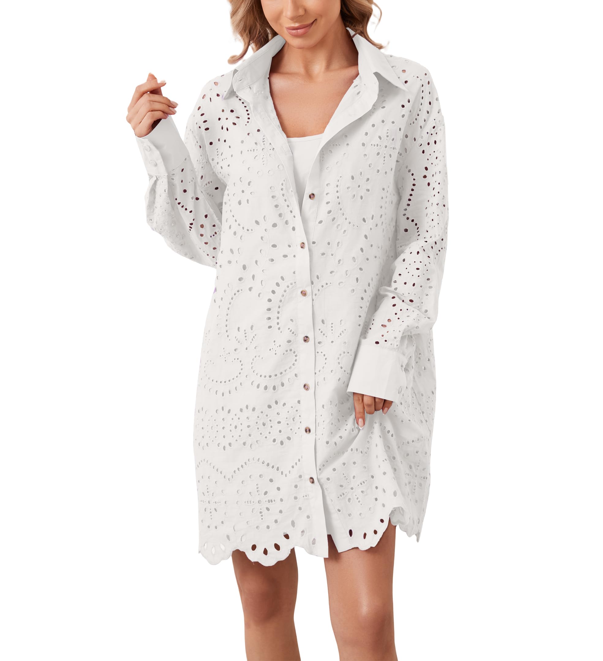 Women's Hollow Out Button Down Lapel Loose Mini Shirt Dress