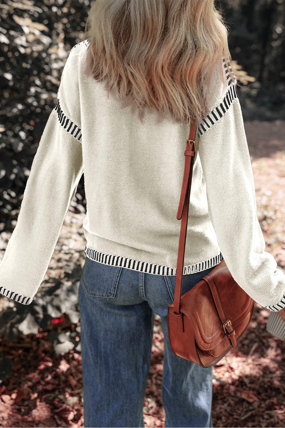 Women's Solid Crewneck Loose Fit Contrast Cable Knit Pullover Sweater