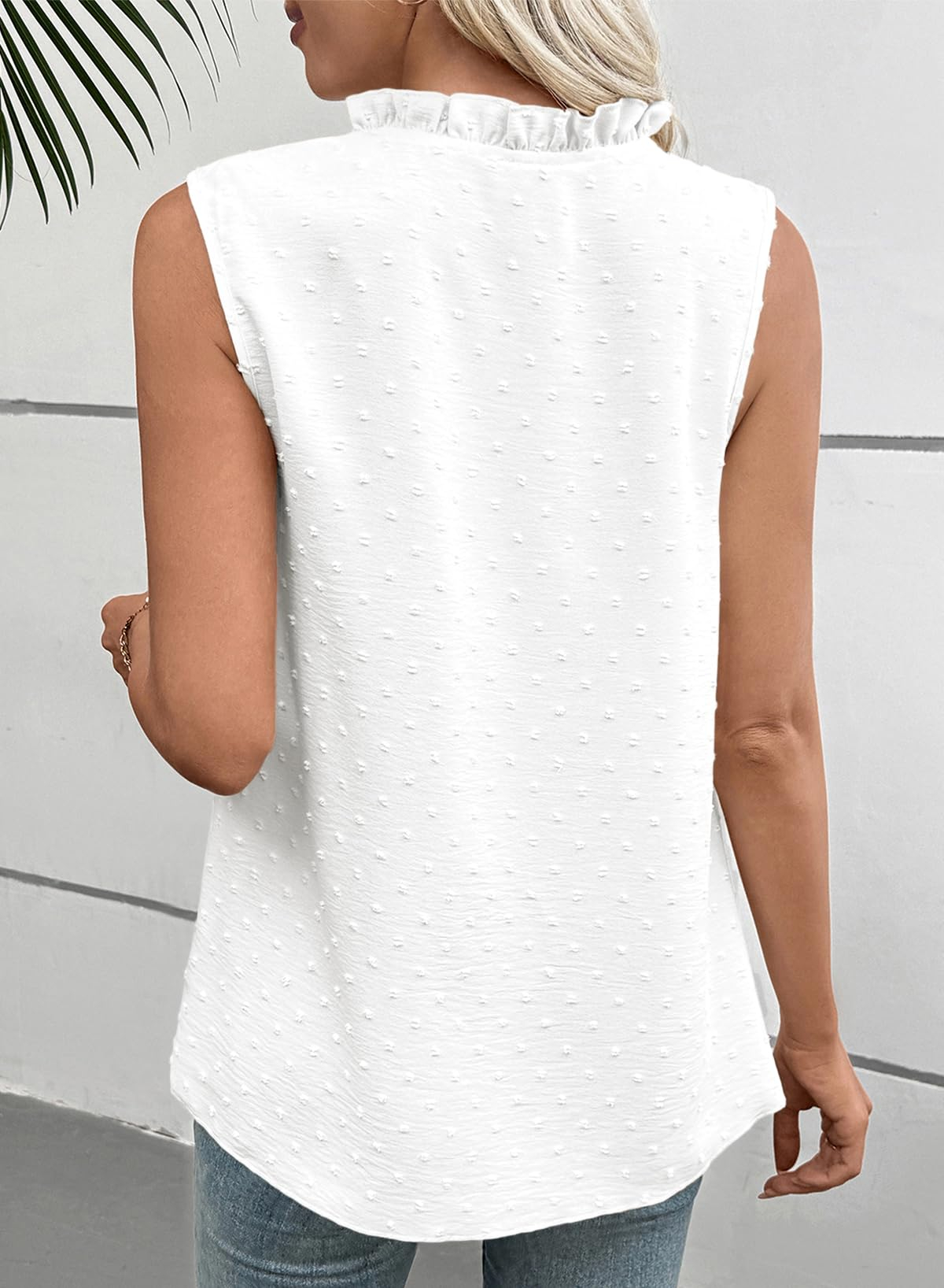 Women's Lace V Neck Dressy Casual Sleeveless Blouses Elegant Swiss Dot Smocked Shirts